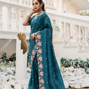 Women's Pristine White Organza Saree with Exquisite Pink & Green Floral Thread Embroidery – Complete with Matching Embroidered Blouse for Festive & Summer Wear