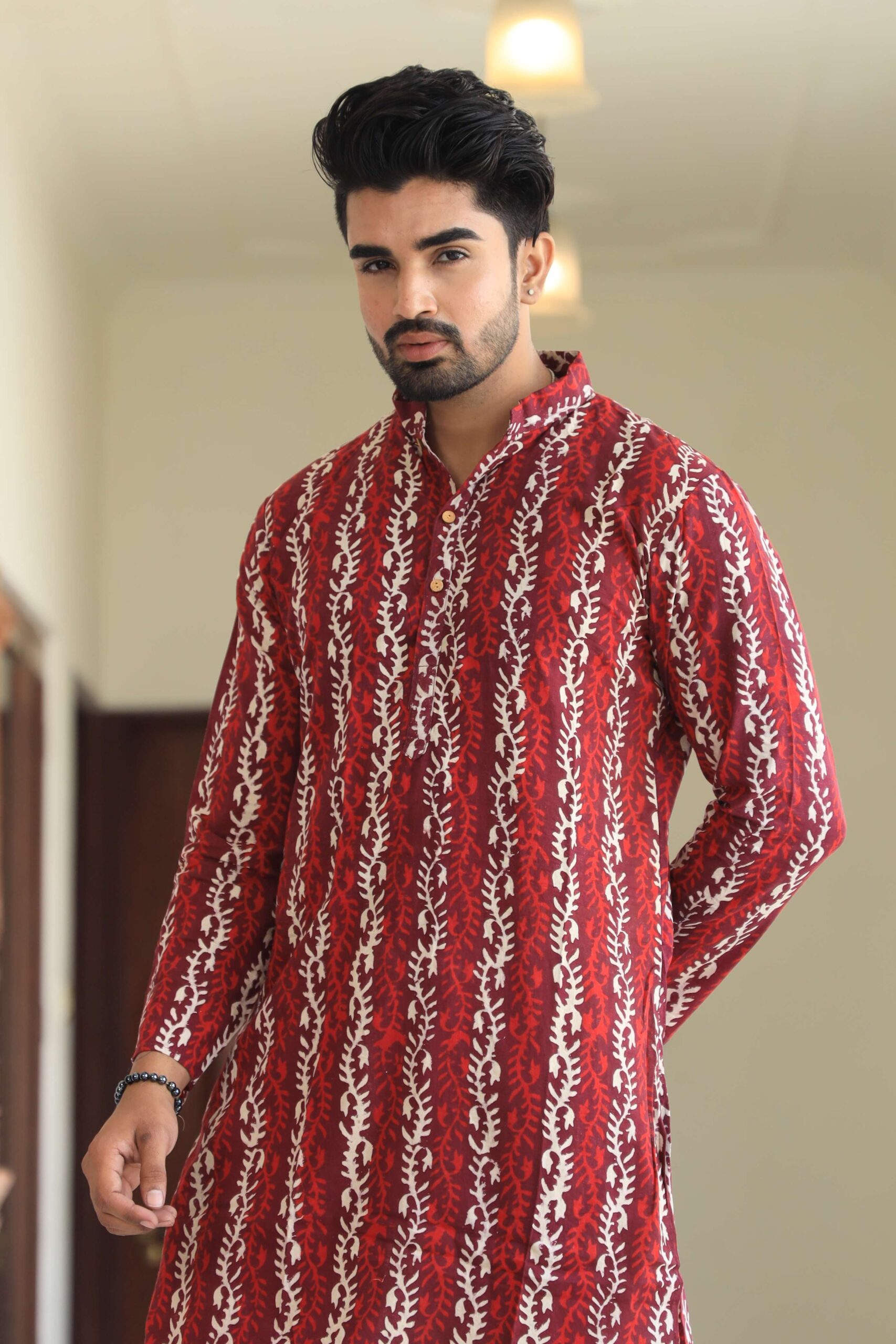 Mens Red Floral Printed Cotton Kurta with White Pajama ? Traditional Ethnic Wear for Festive & Wedding - Image 4