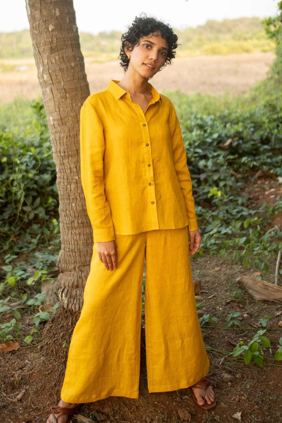 Women's Cotton Solid Pain Straight Shirt With Wide Leg Palazzo Pant Casual Summer Collection Cord Set( Yellow ) - Image 3