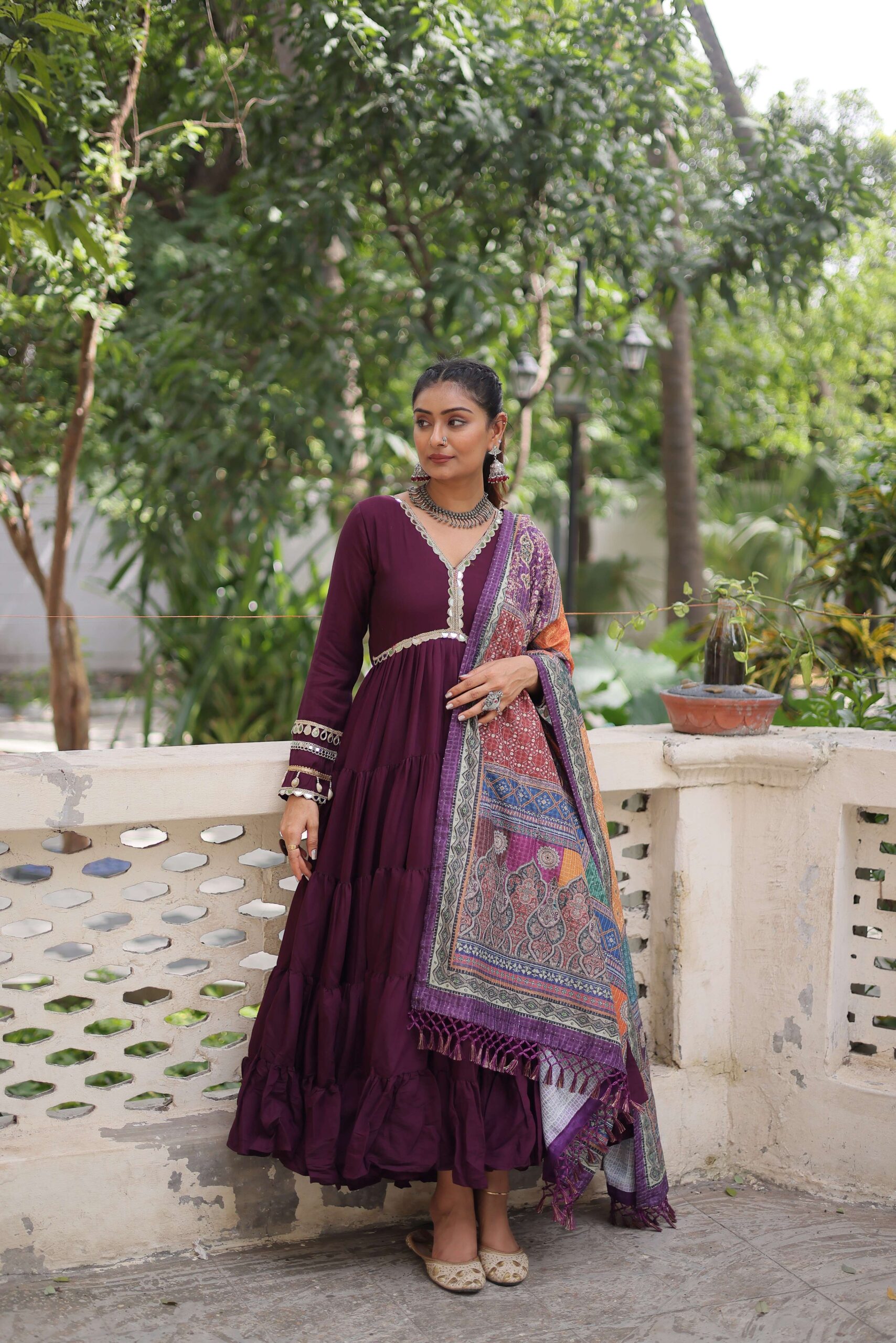 Wine Gown with Dupatta ? Frill Stitching & Mirror Lace Work Ethnic Set for Women - Image 3