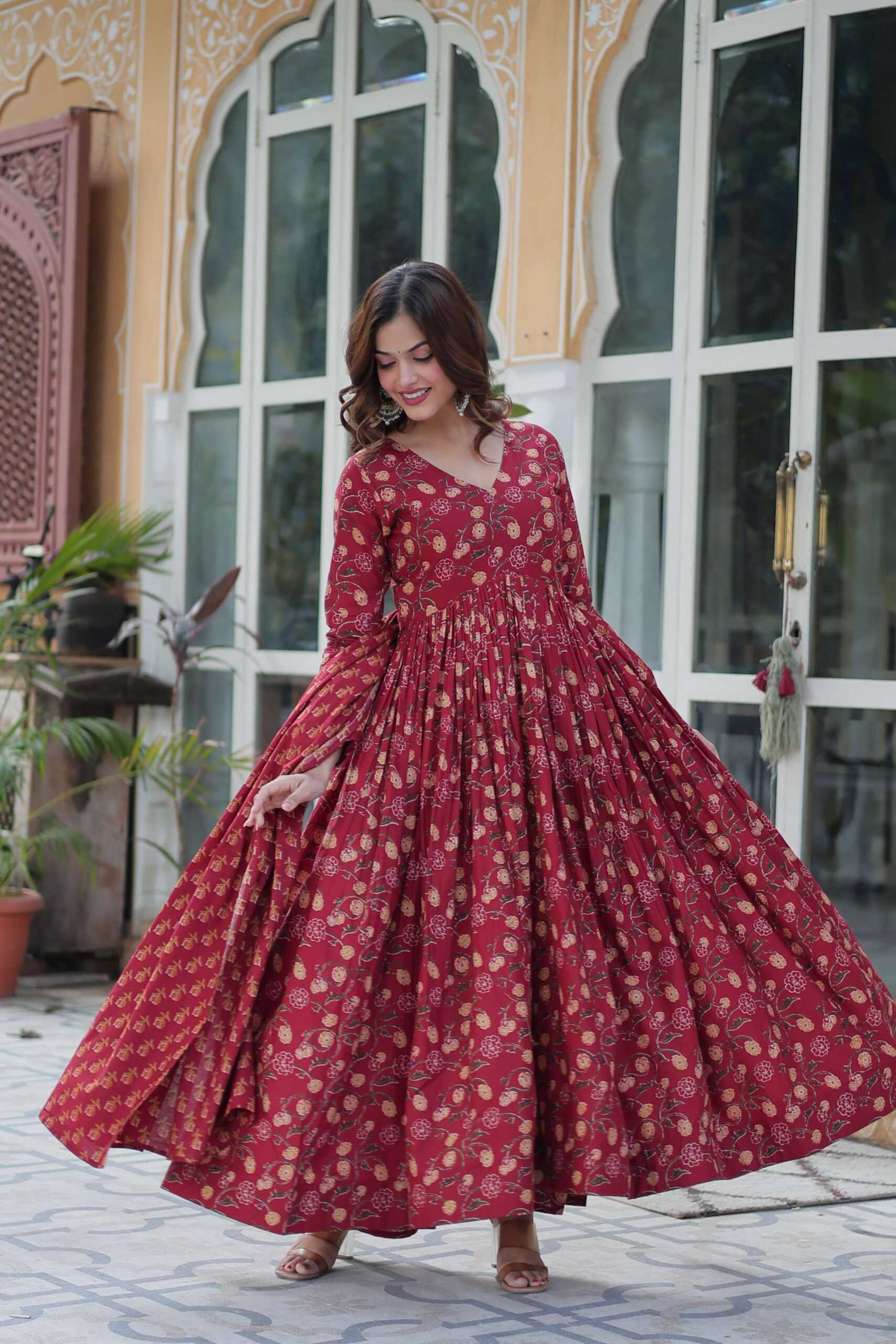 Maroon Premium Cotton Gown with Pant & Dupatta Set - Image 2