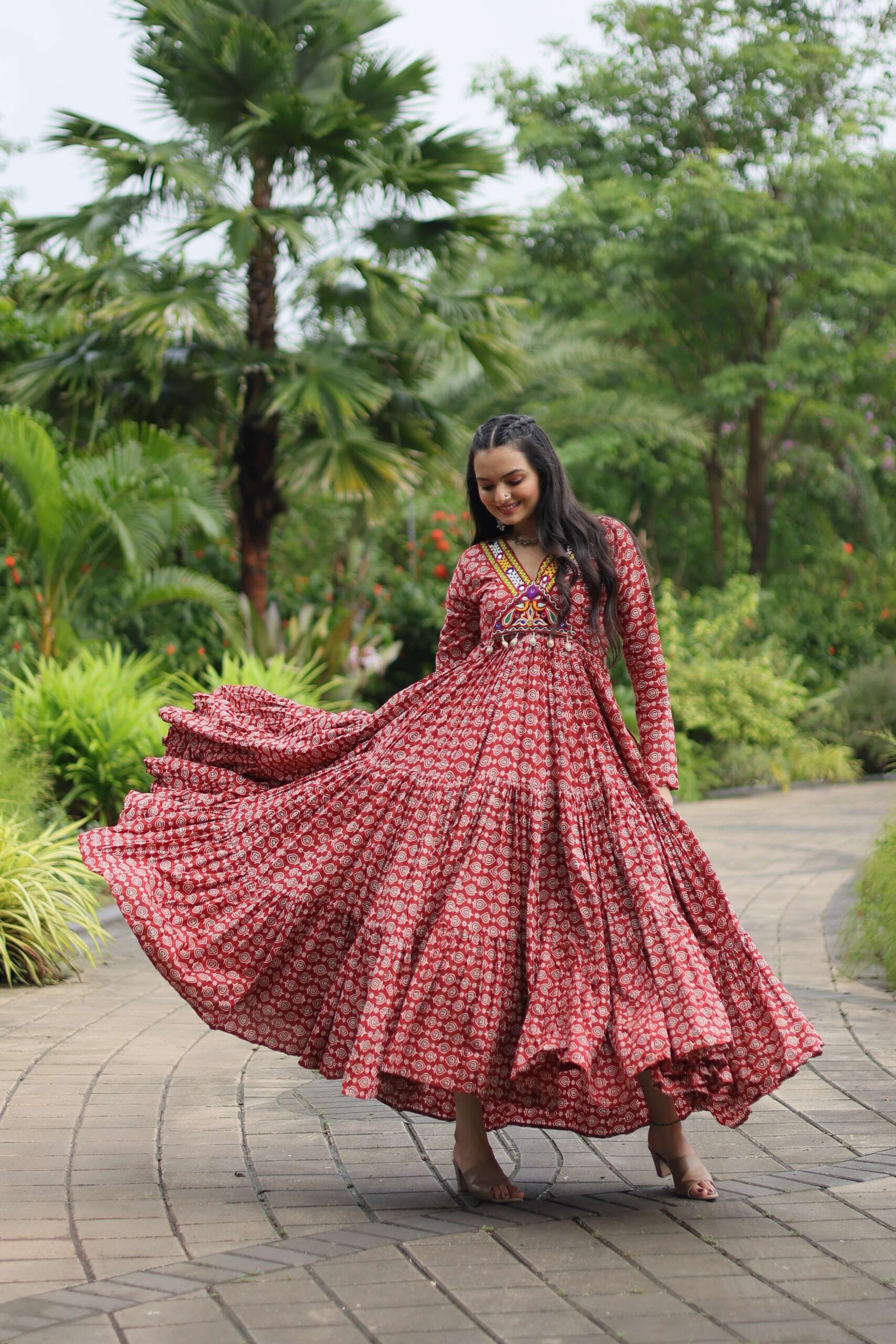 Maroon Designer Printed Cotton Gown with Kutchi Gamthi Lace & Kodi Work - Image 6