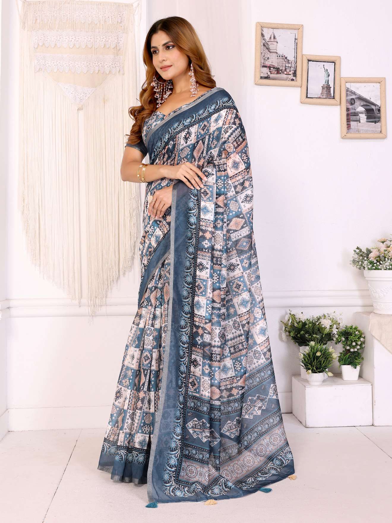 Stylish White Chanderi Saree with Digital Geometric Print ? Modern & Elegant - Image 3