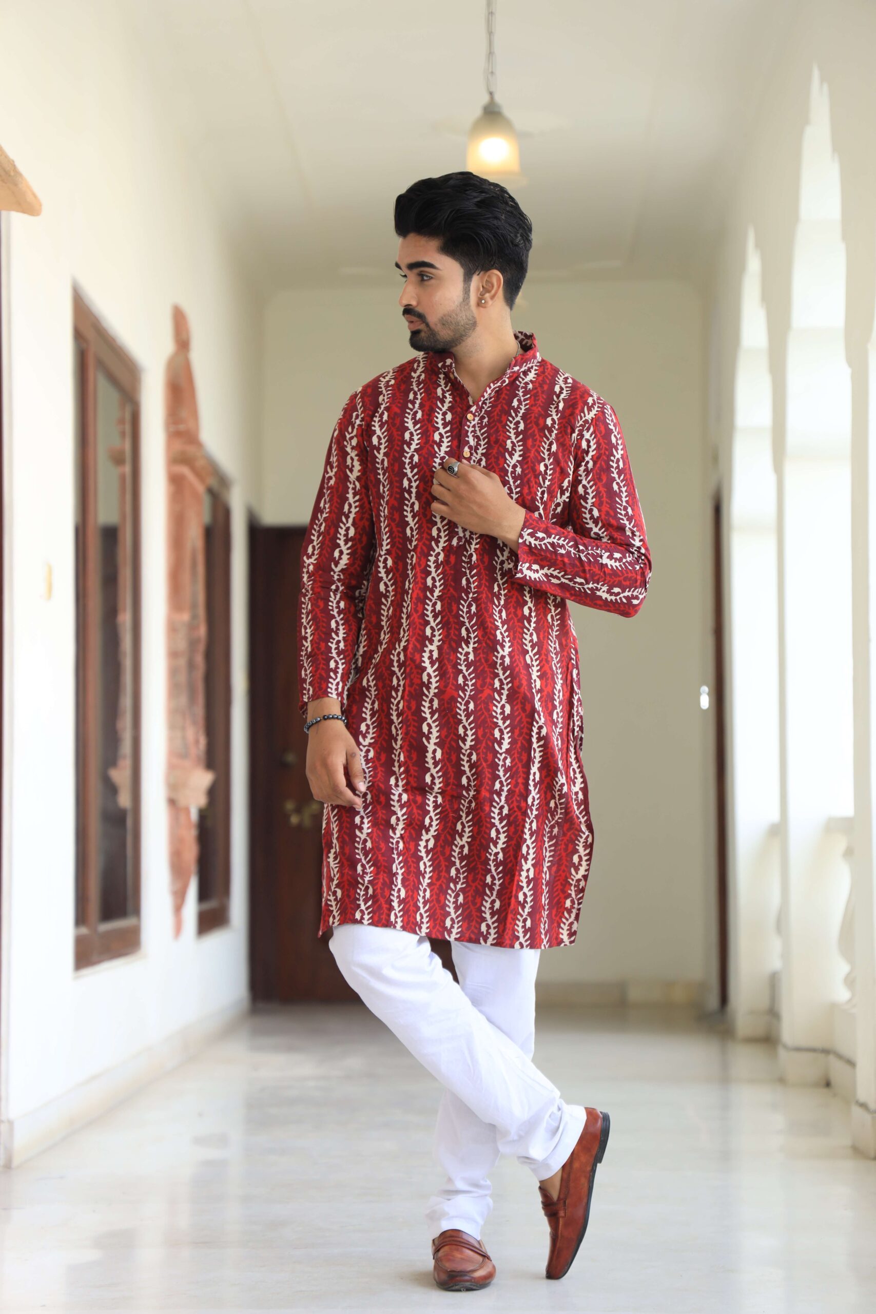 Mens Red Floral Printed Cotton Kurta with White Pajama ? Traditional Ethnic Wear for Festive & Wedding