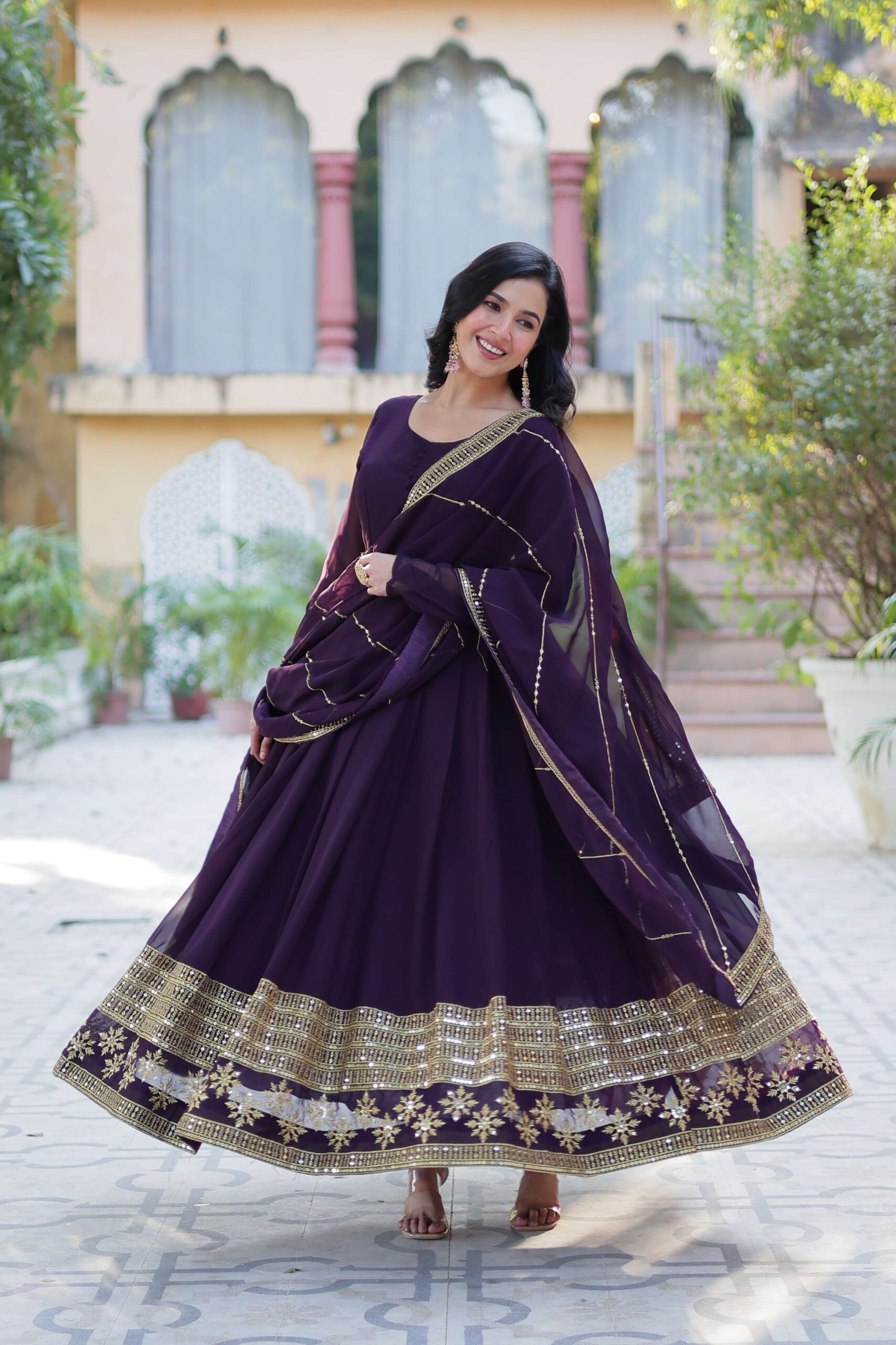 Wine Faux Blooming Gown with Multi-Sequins Embroidered Dupatta - Image 3