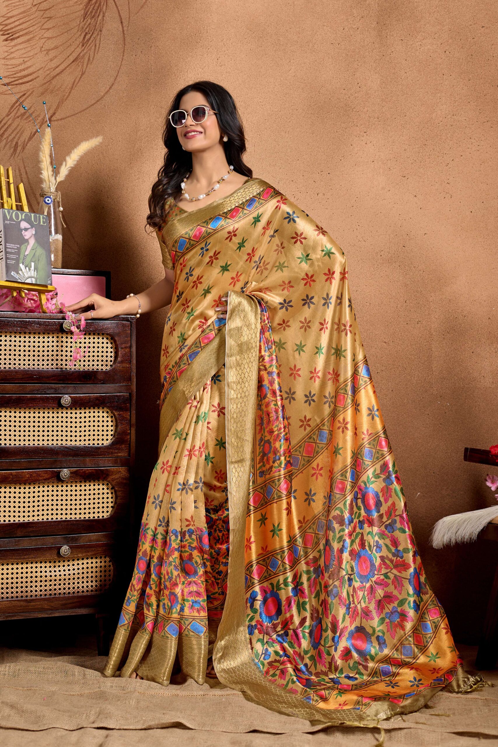 Golden Soft Silk Blend Saree with Multicolor Floral & Geometric Weave - Image 3
