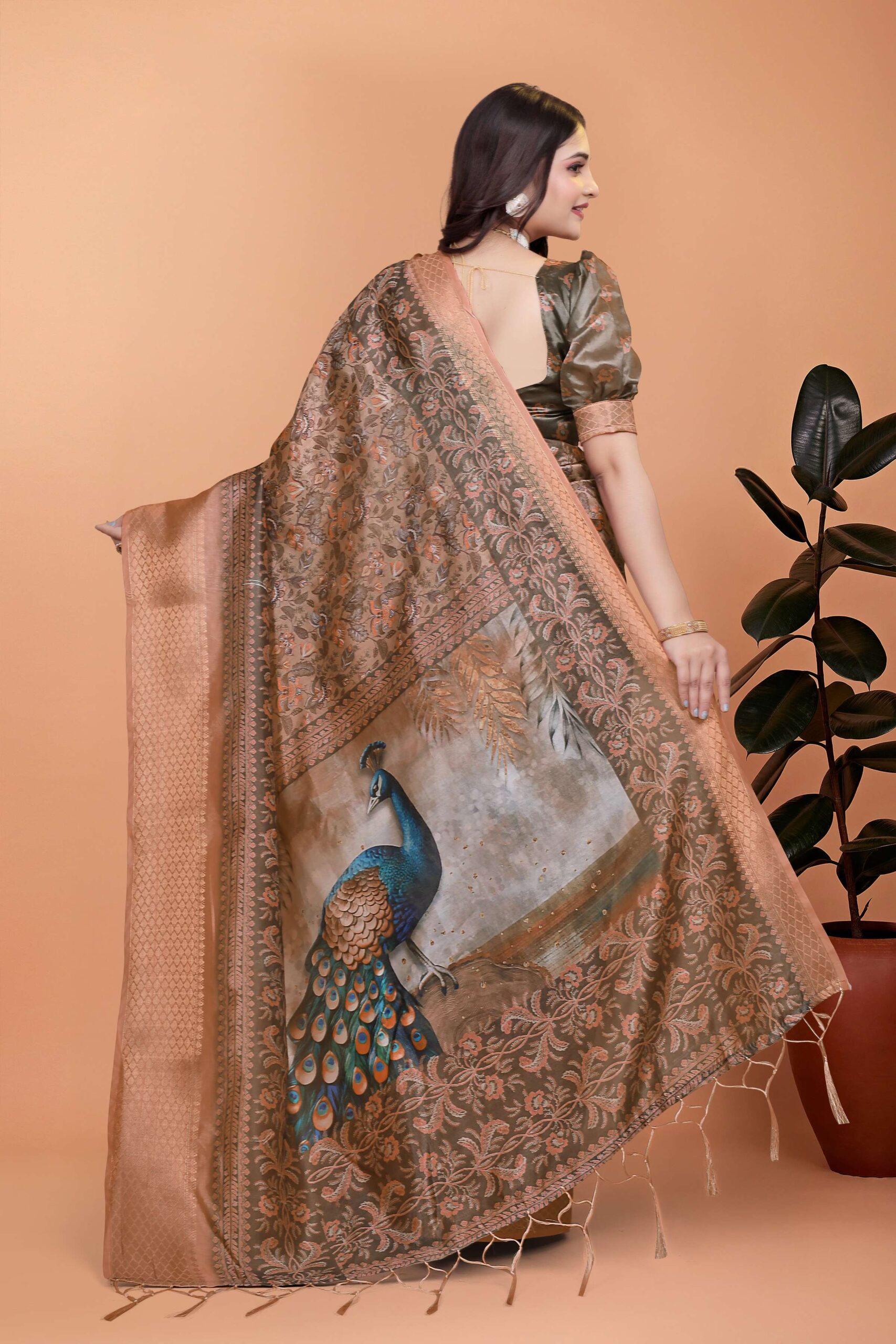 Bronze & Olive Green Soft Silk Saree with Majestic Peacock Pallu - Image 6