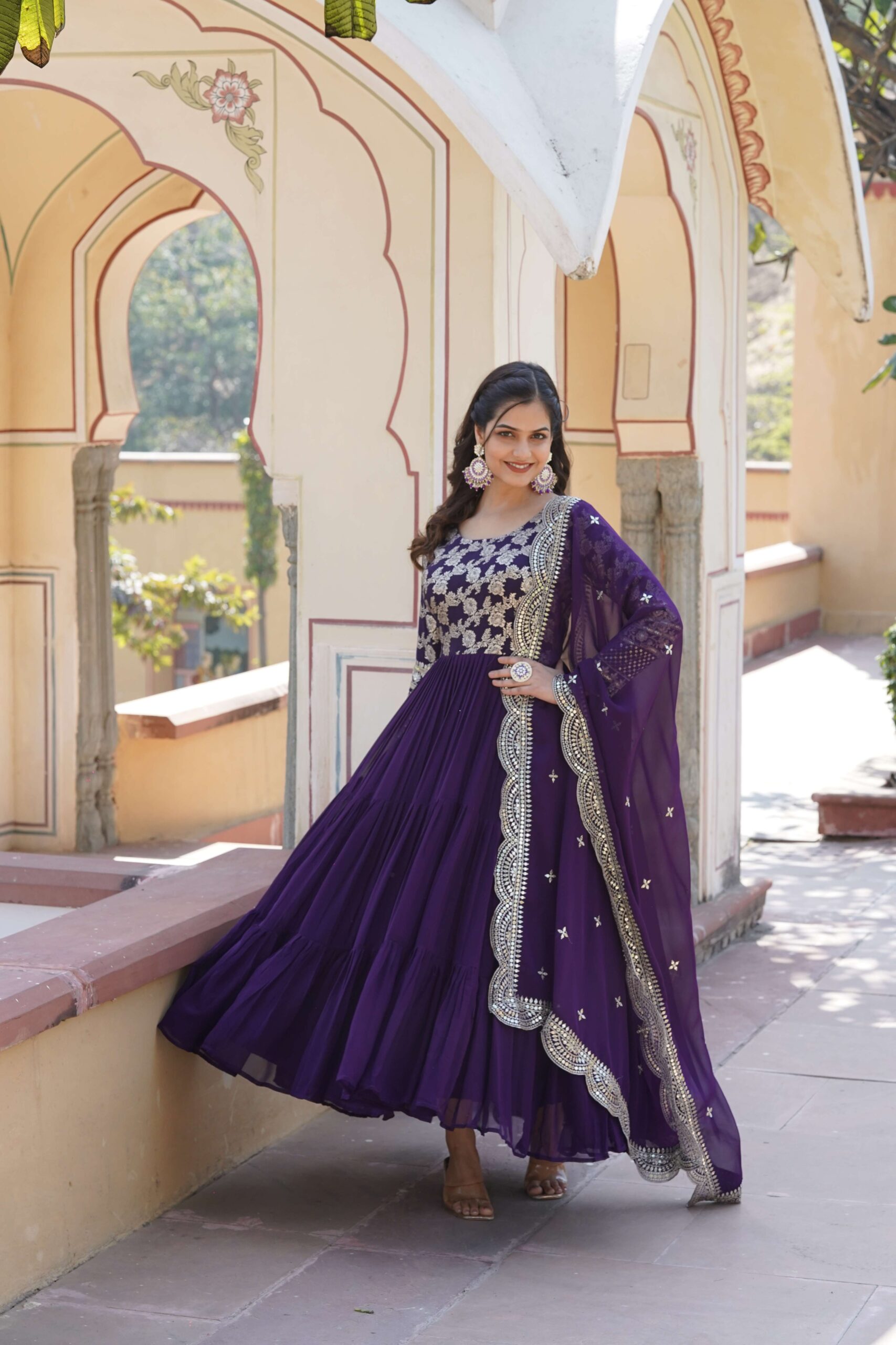 Purple Faux Blooming Designer Gown with Sequined Dupatta ? Elegant Fully Flared Ready-to-Wear Set - Image 5