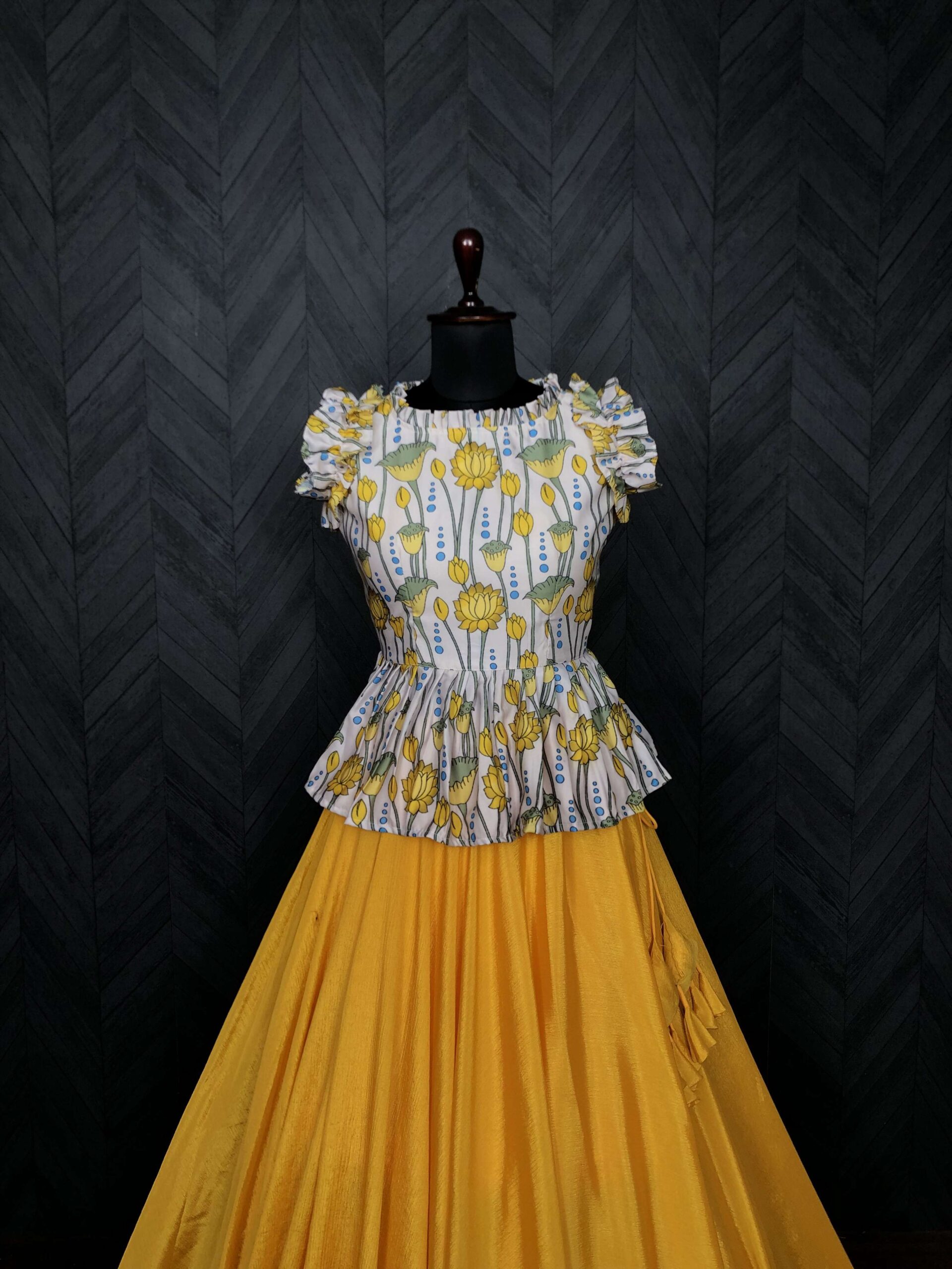 Premium Chinnon Lehenga with Kalamkari Print Maslin Satin Peplum Blouse - Image 3