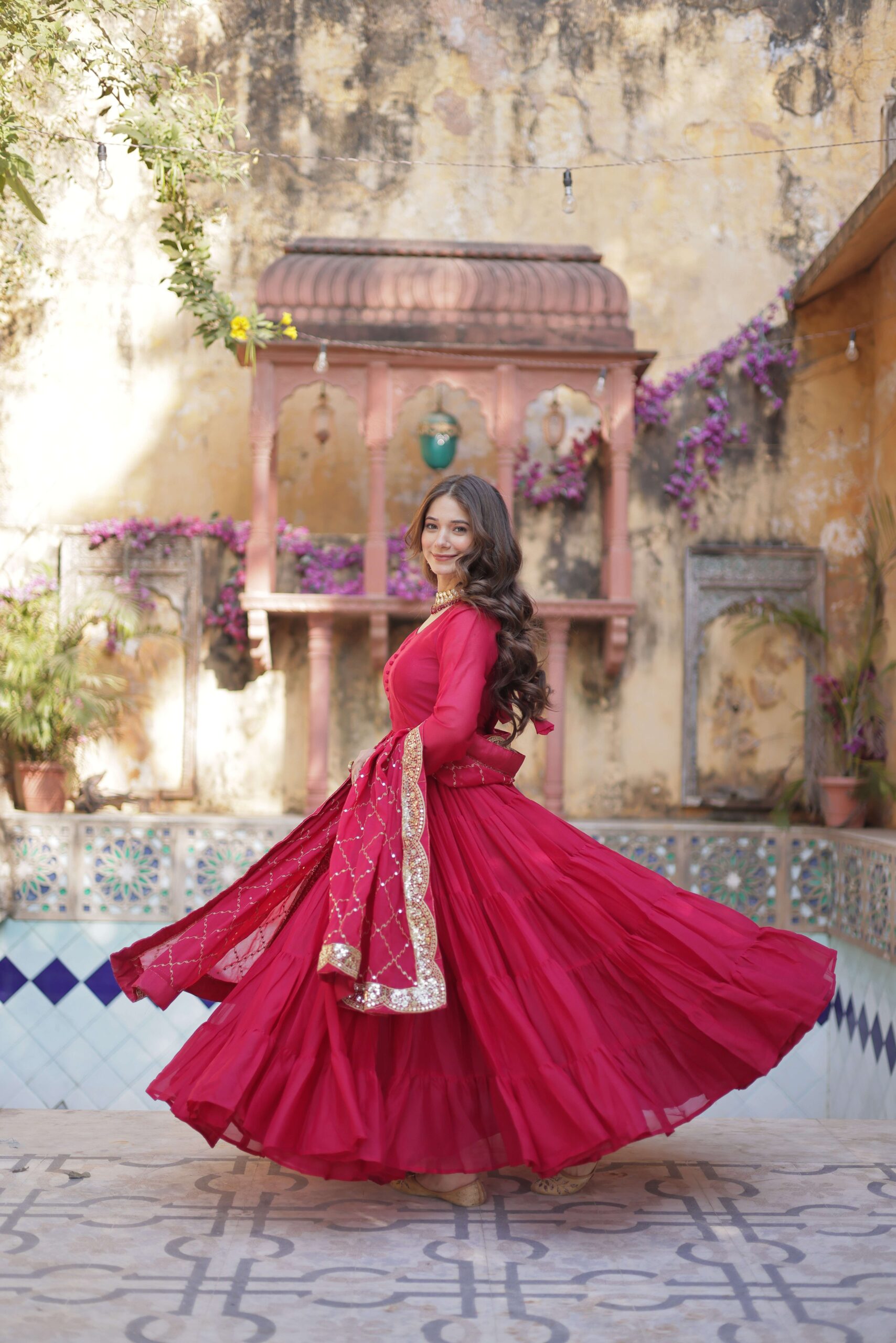 Pink Star Georgette Fully Flared Gown with Sequins Embroidered Dupatta - Image 8