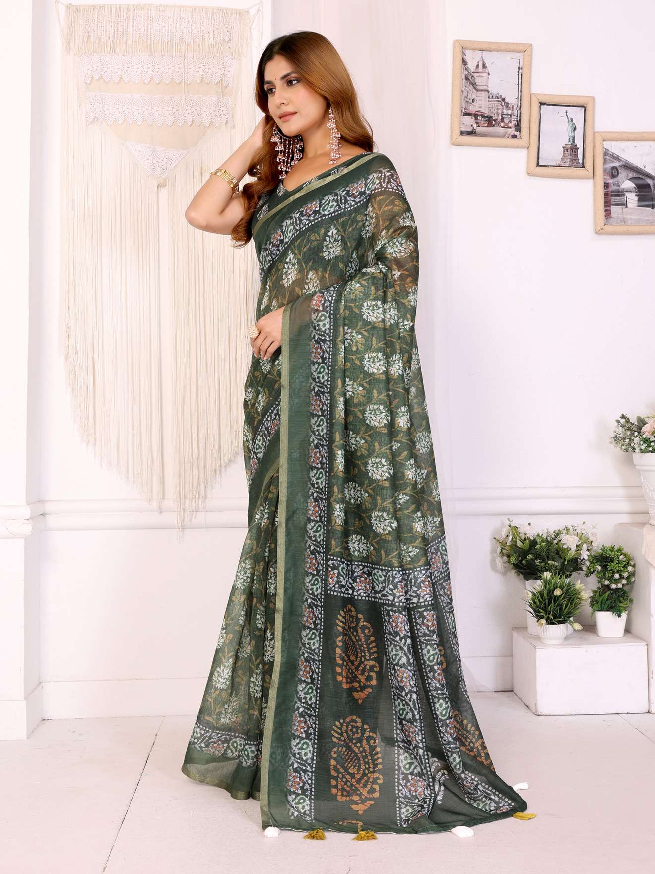 Elegant Deep Olive Green Chanderi Saree with Pastel Digital Floral Print ? Festive & Stylish