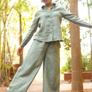 Women's Cotton Solid Pain Straight Shirt With Wide Leg Palazzo Pant Casual Summer Collection Cord Set( Pista Green )