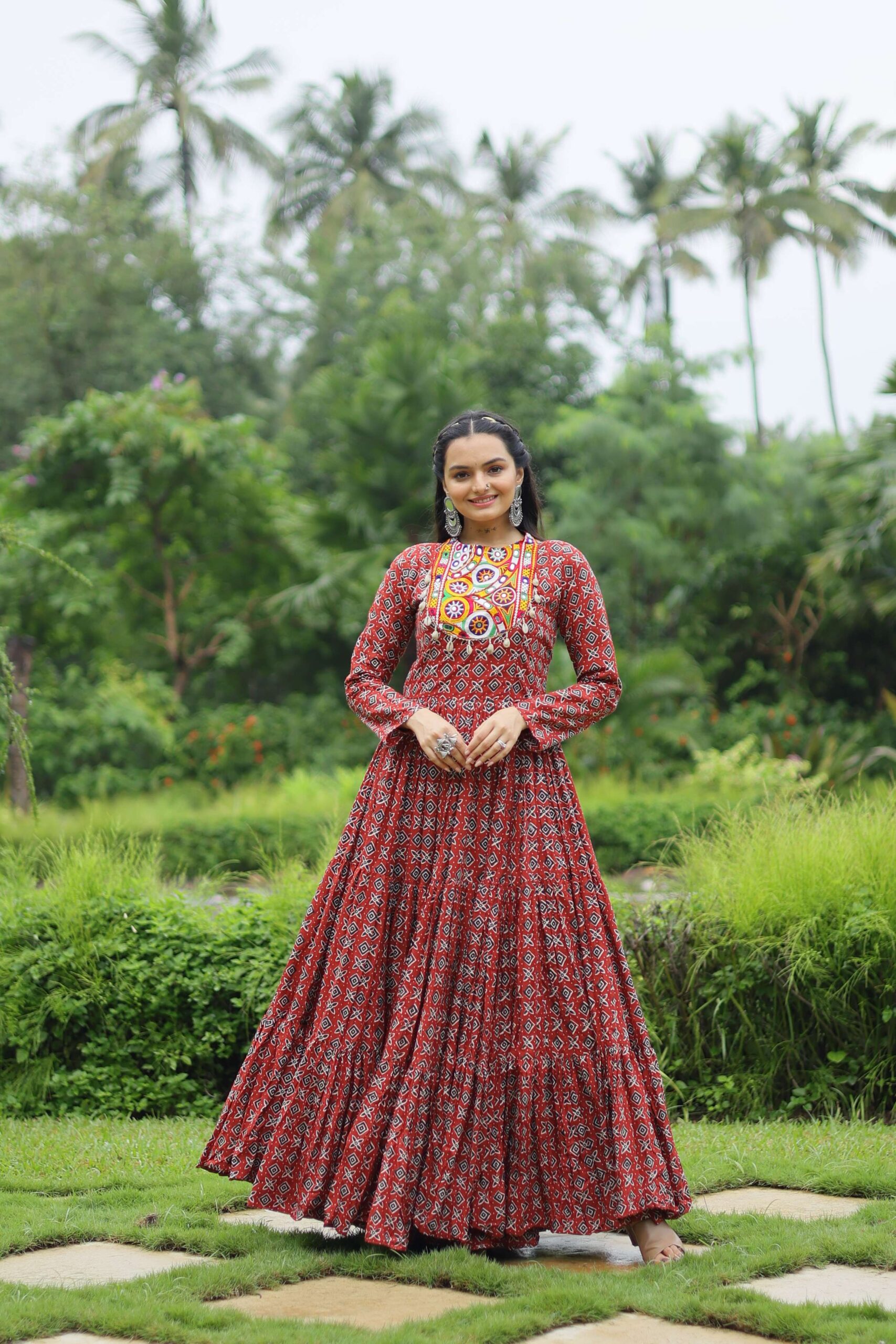 Maroon Designer Printed Cotton Gown with Kutchi Gamthi Lace & Kodi Work ? Maroon - Image 3