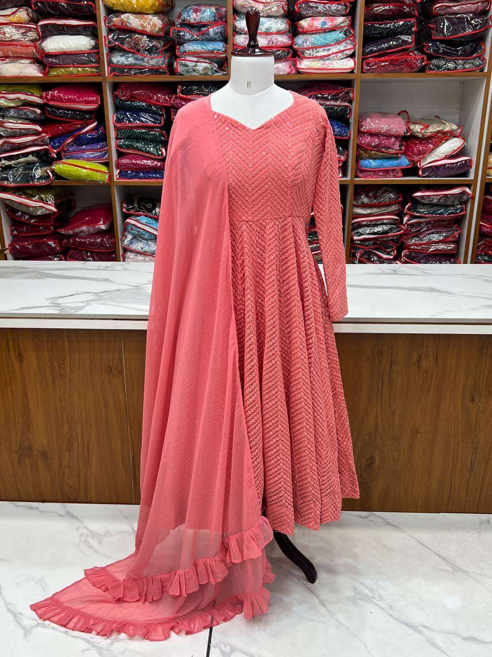Womens Pure Romansilk Chanderi Embroidered Anarkali Kurti With Dupatta & Pant Set - Image 2