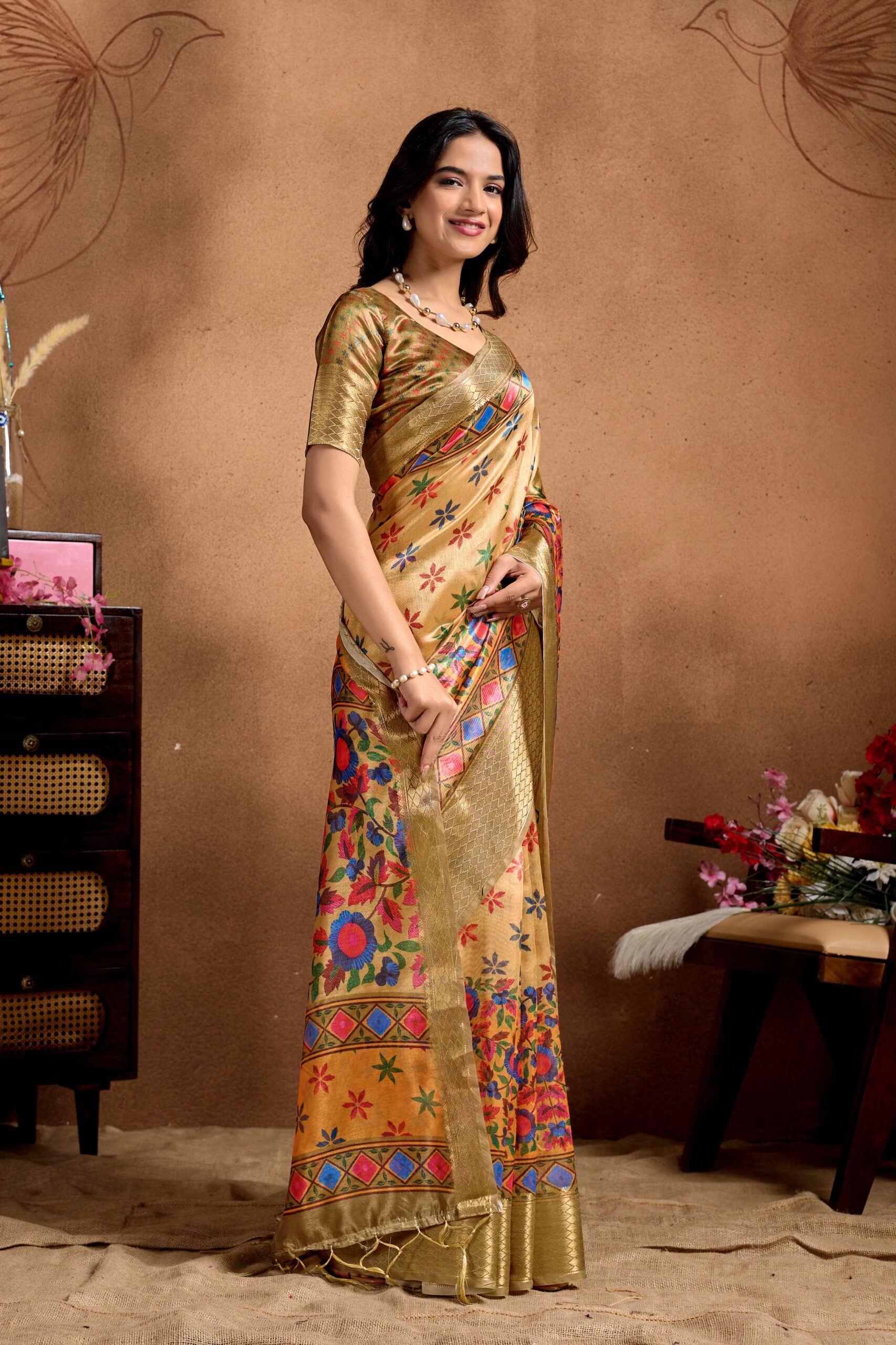 Golden Soft Silk Blend Saree with Multicolor Floral & Geometric Weave - Image 2