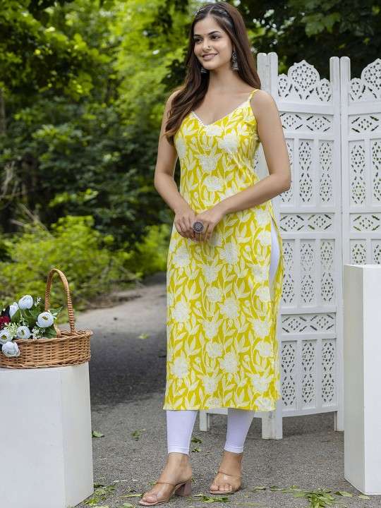 Women's Rayon Floral Printed Sleeveless Straight Kurti Set - Image 3