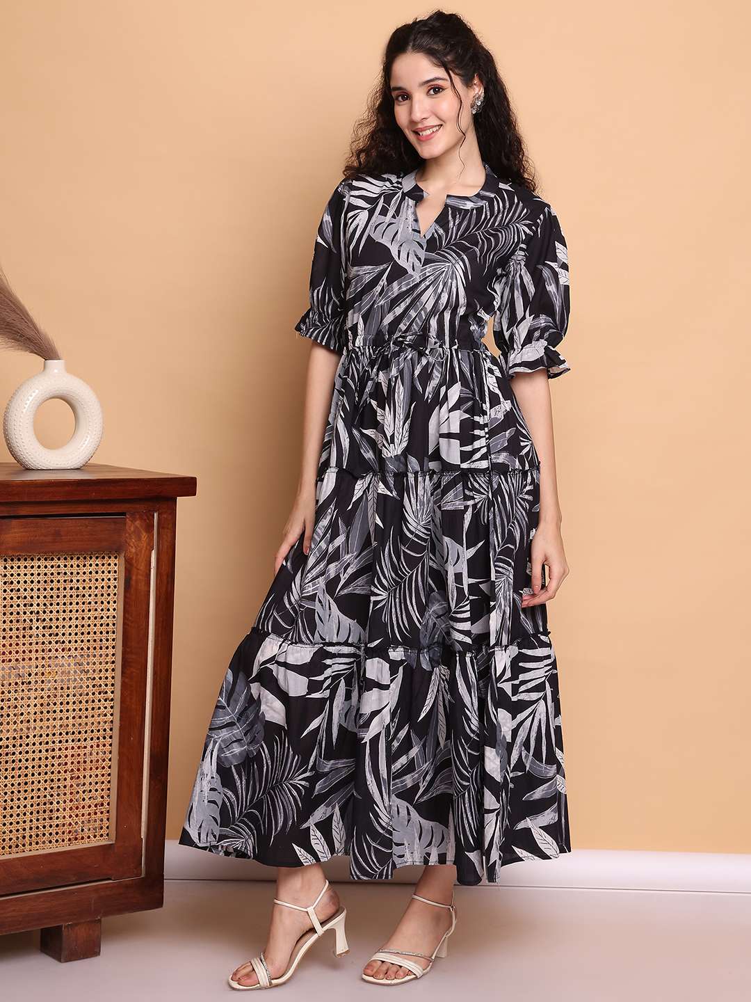 Women's Cotton Printed Fit & Flare Anarkali Gown Midi Dress