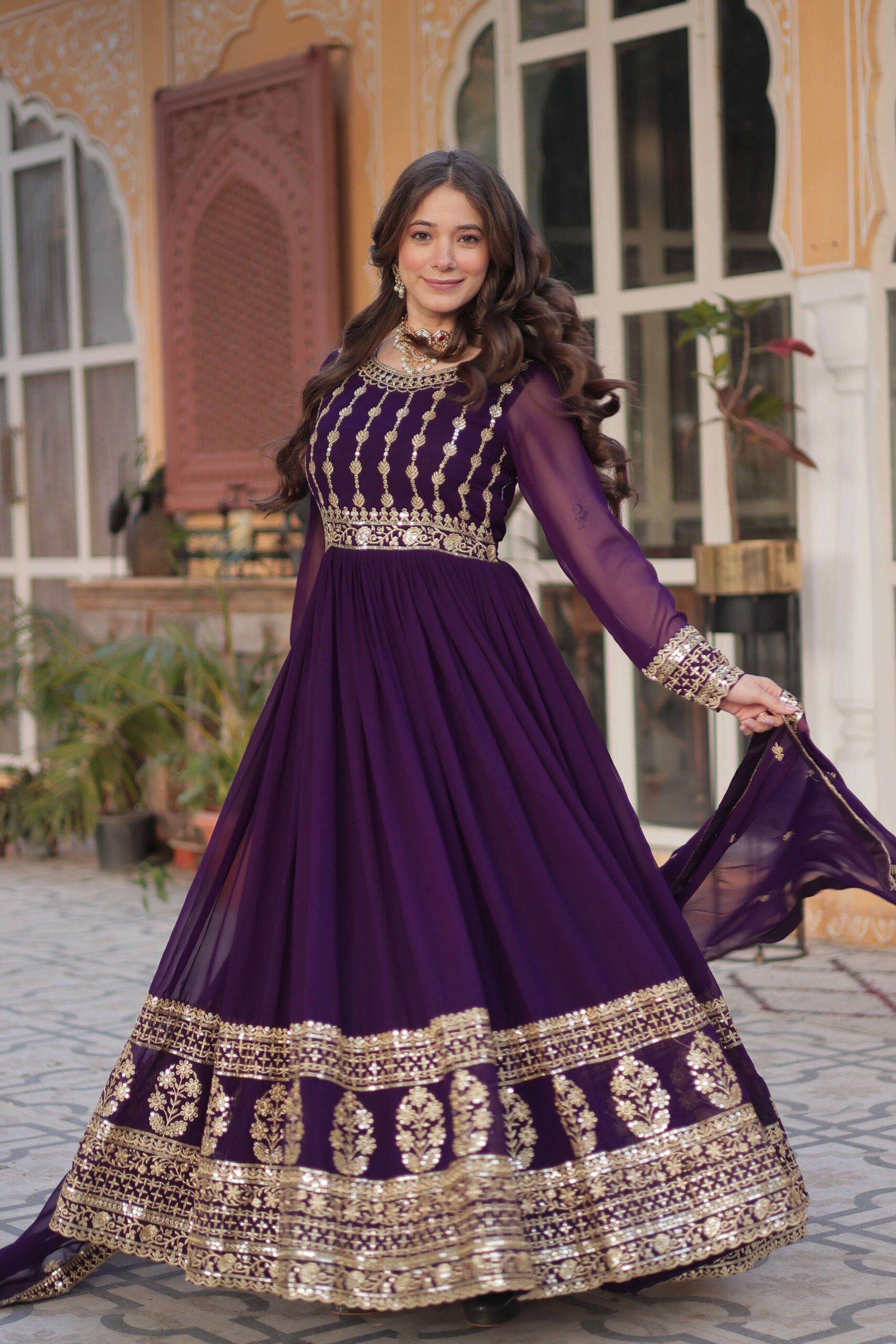 Purple Faux Blooming Gown with Zari & Sequins Embroidered Dupatta with Designer Lace Border - Image 4