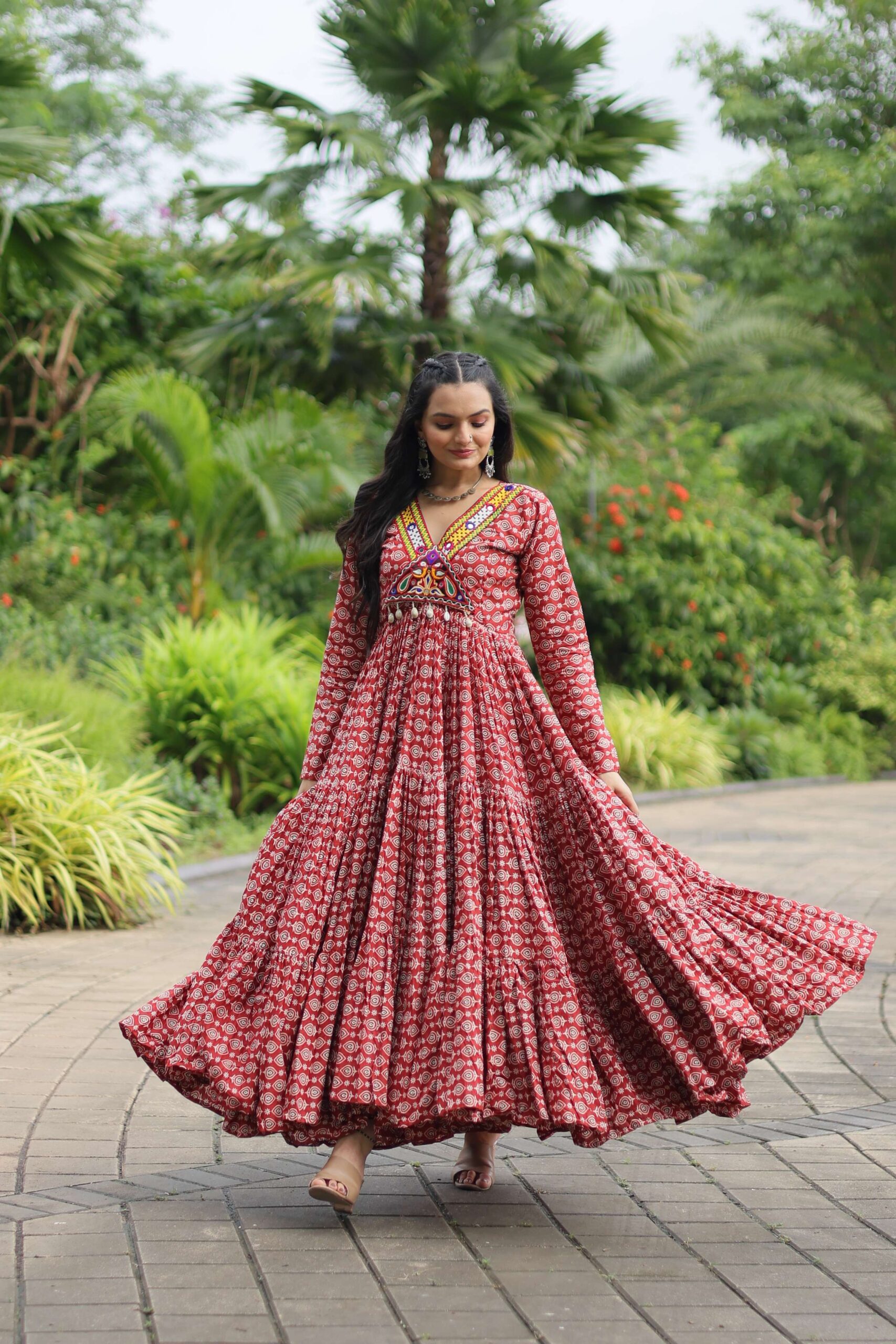 Maroon Designer Printed Cotton Gown with Kutchi Gamthi Lace & Kodi Work - Image 5
