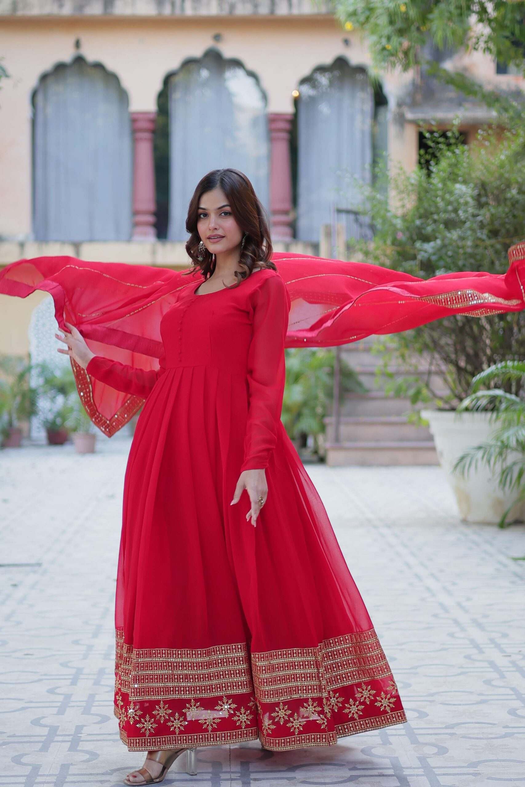 Red Faux Blooming Gown with Multi-Sequins Embroidered Dupatta - Image 2