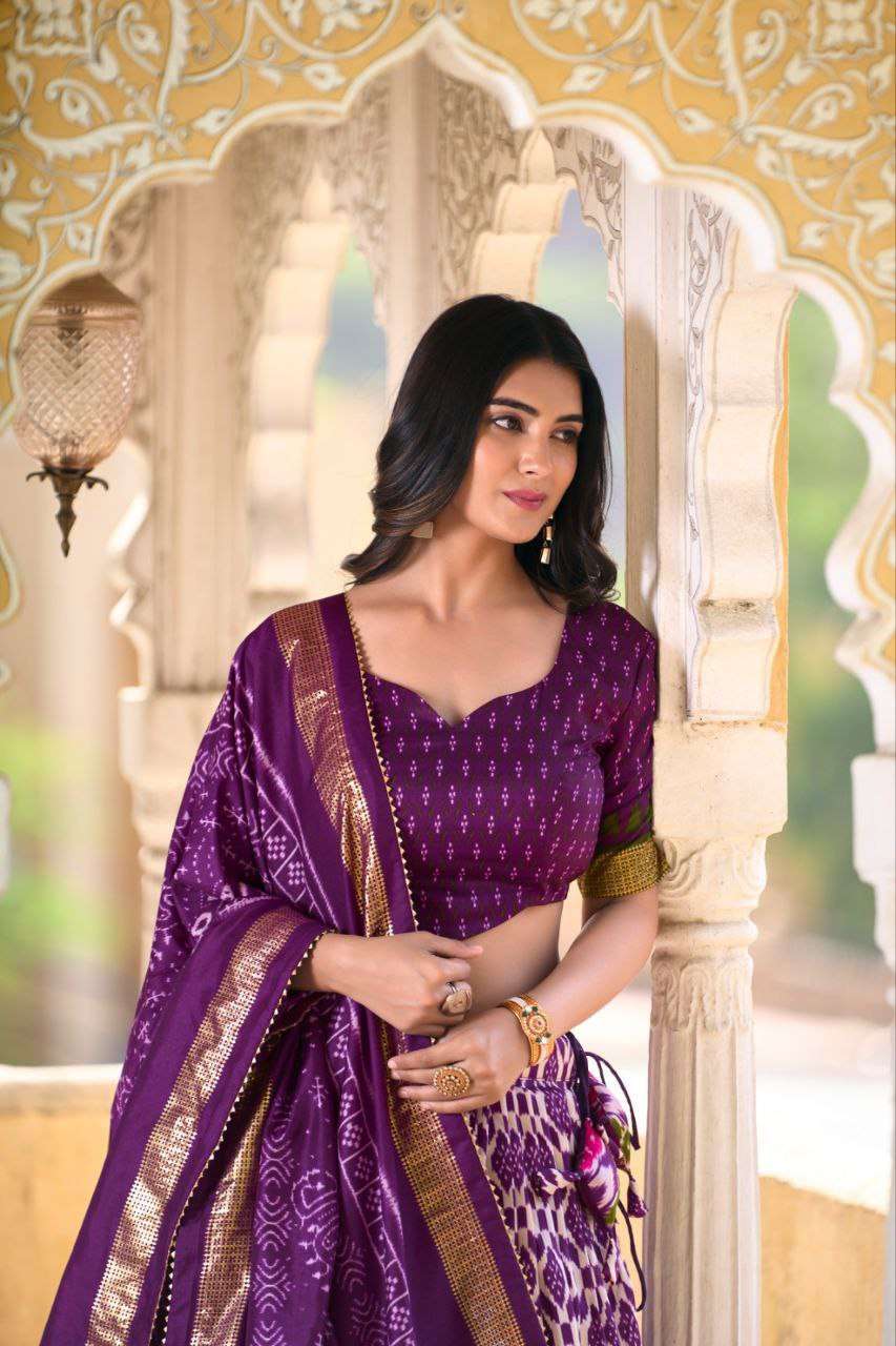 Full Purple Tussar Silk Lehenga Choli with Matching Purple Blouse | Patola Print & Foil Work | Wedding & Festive Wear - Image 2