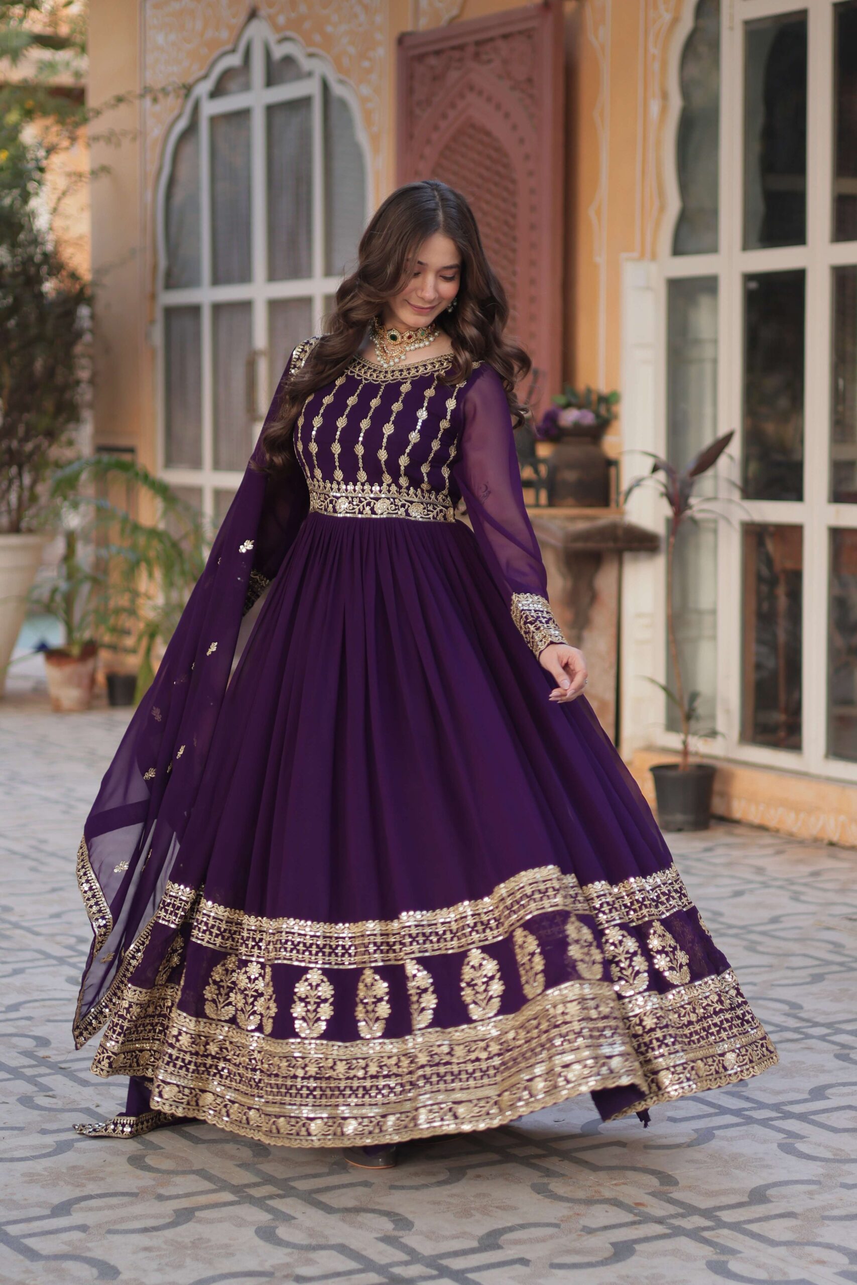 Purple Faux Blooming Gown with Zari & Sequins Embroidered Dupatta with Designer Lace Border - Image 3