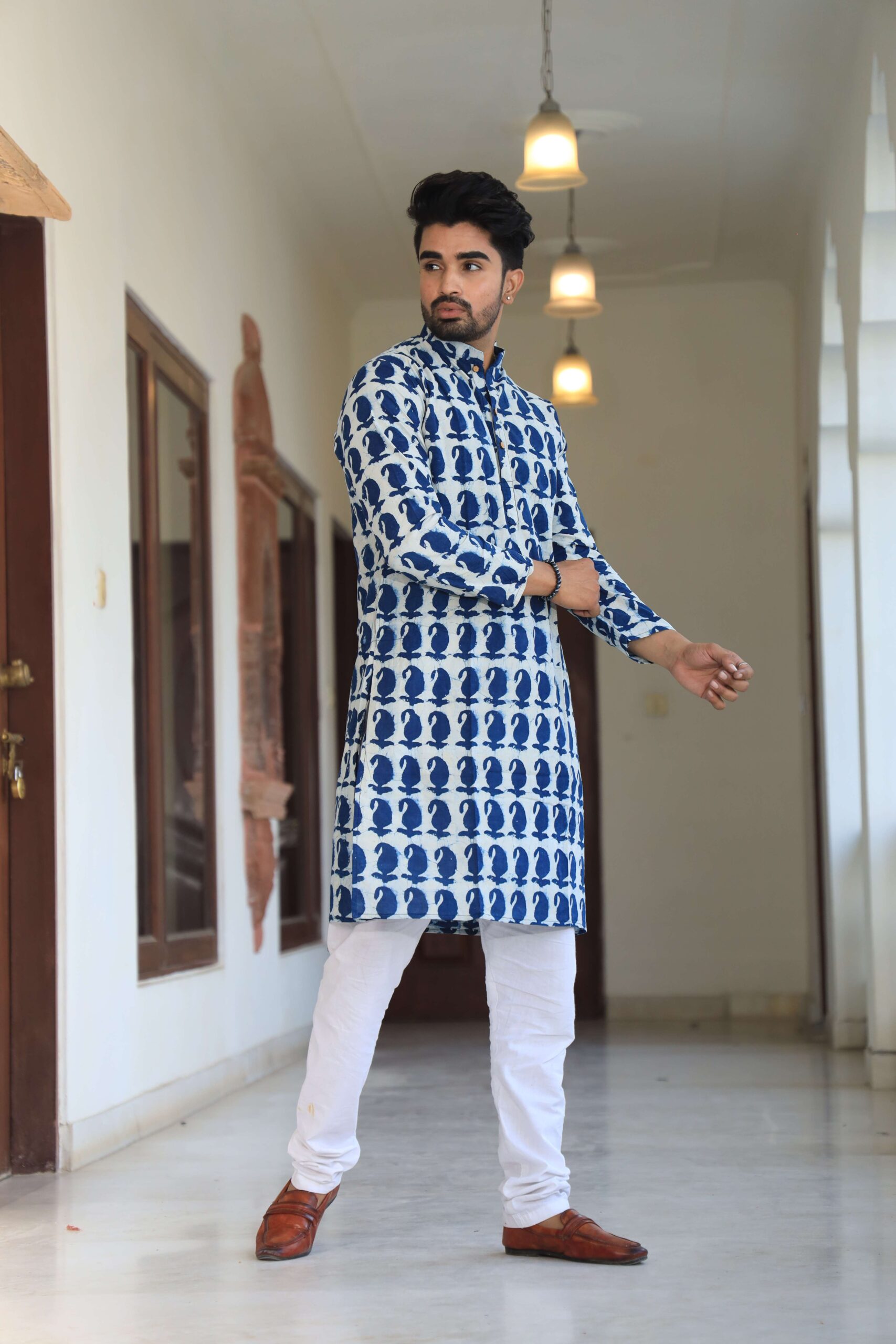 Mens White and Blue Printed Cotton Kurta with White Pajama ? Trendy Festive & Casual Wear - Image 3