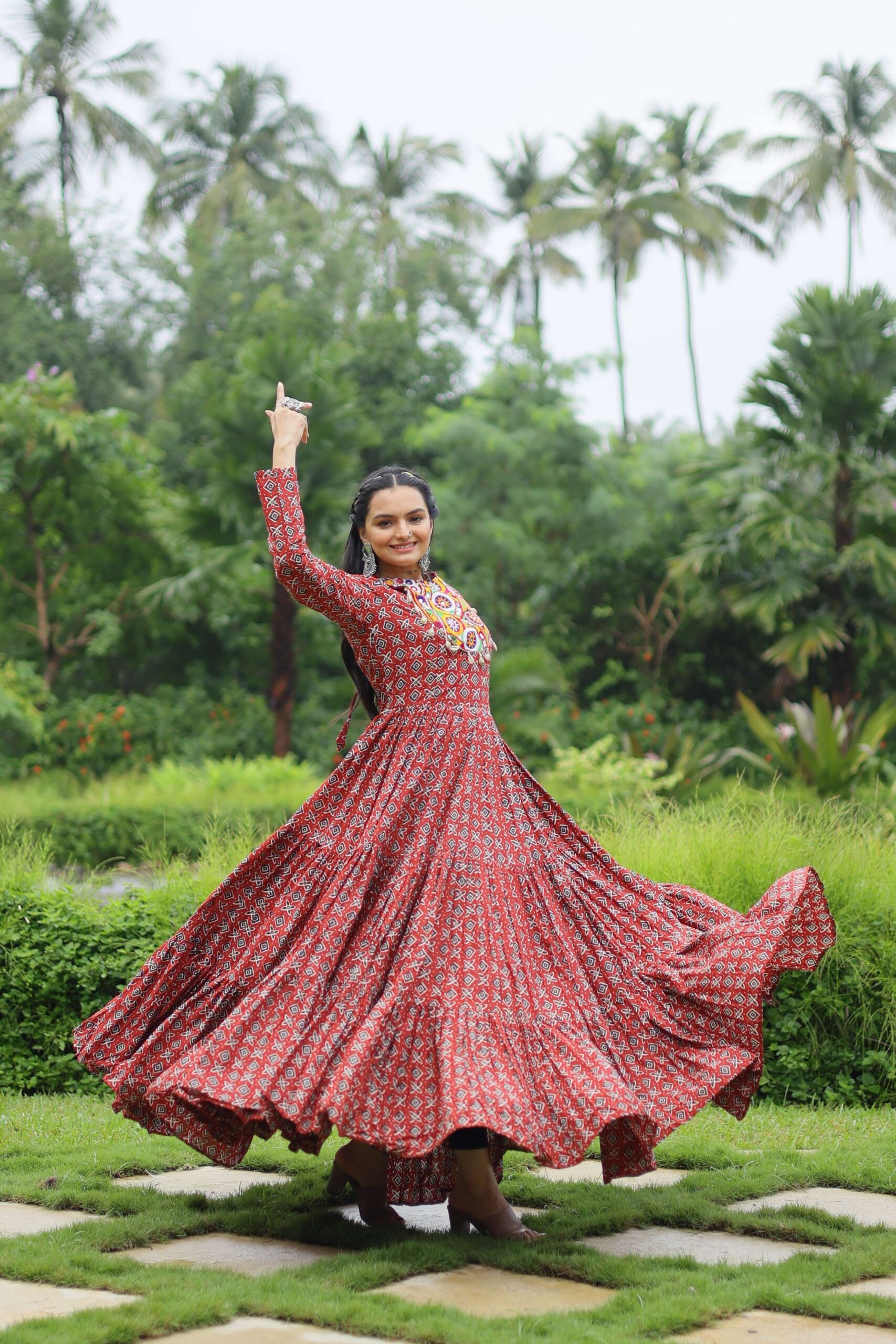 Maroon Designer Printed Cotton Gown with Kutchi Gamthi Lace & Kodi Work ? Maroon - Image 5