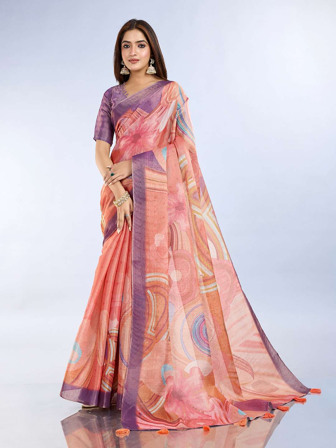 Elegant Teal Green and Mauve Pink Linen Saree with Geometric and Floral Prints