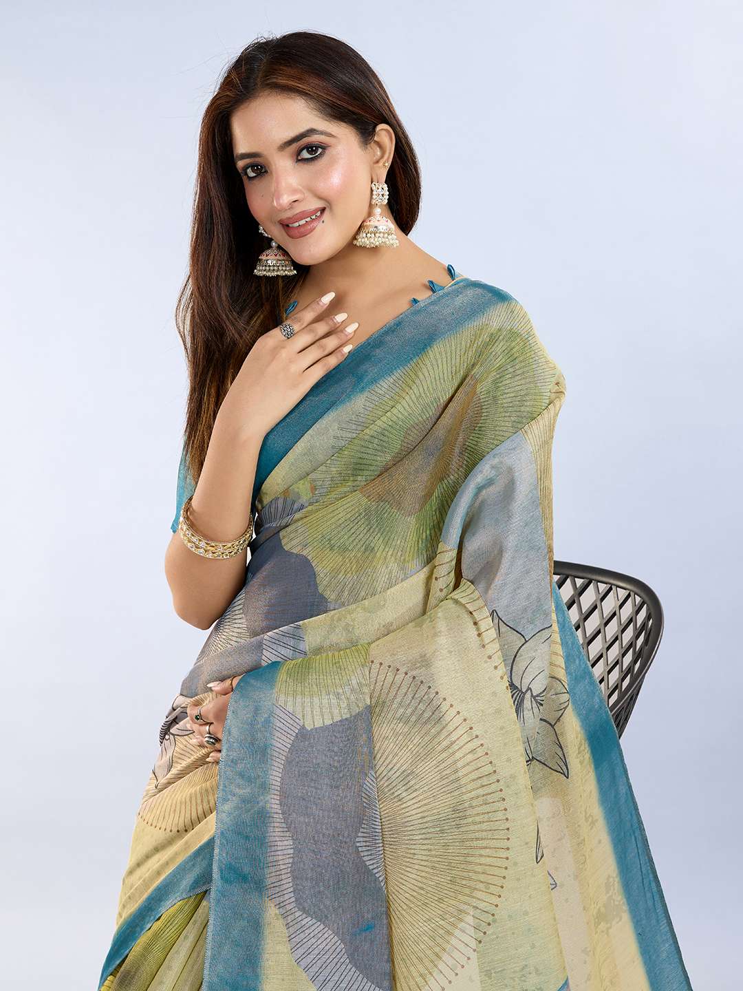 Elegant Teal Green and Mauve Pink Linen Saree with Geometric and Floral Prints - Image 5