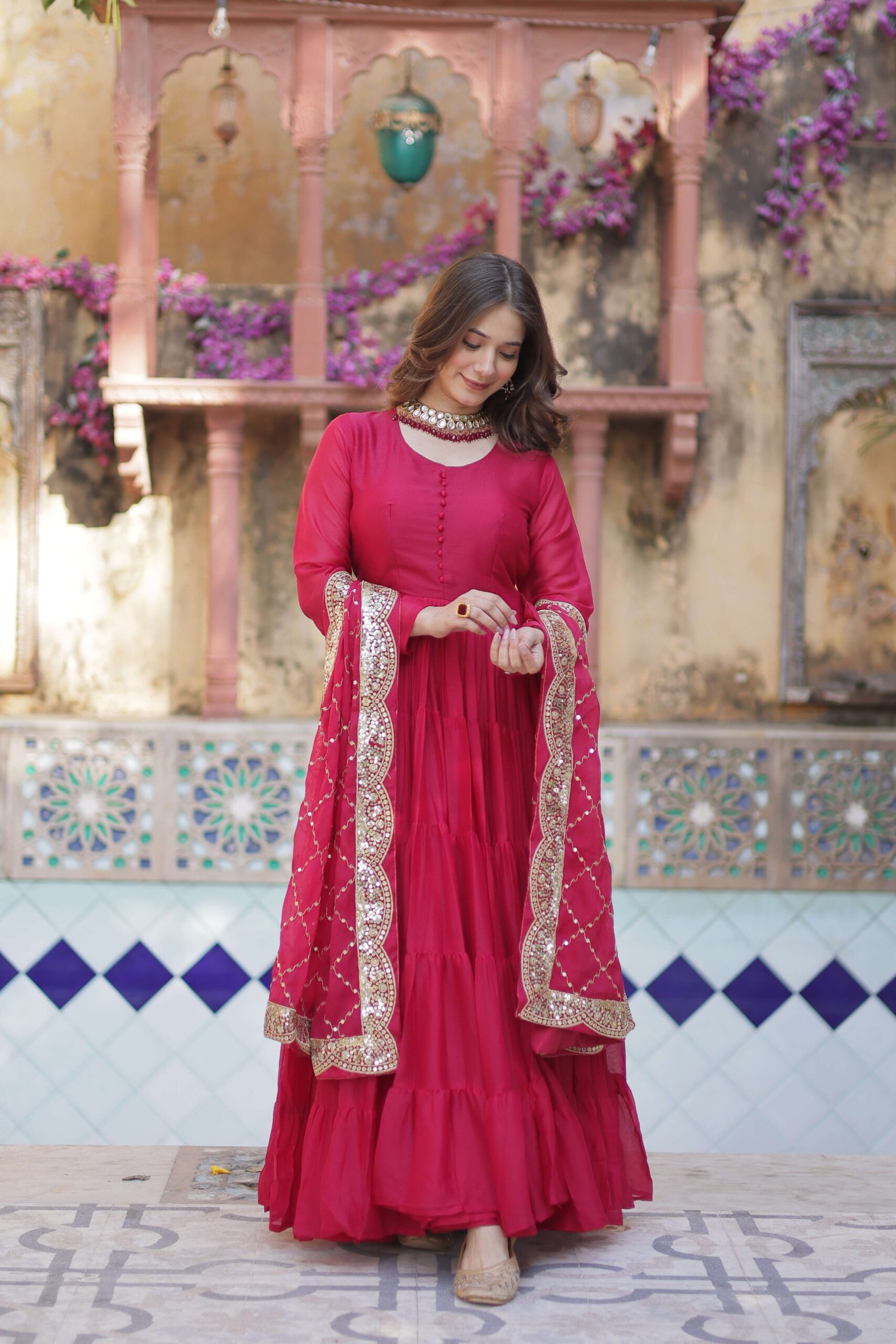 Pink Star Georgette Fully Flared Gown with Sequins Embroidered Dupatta - Image 7