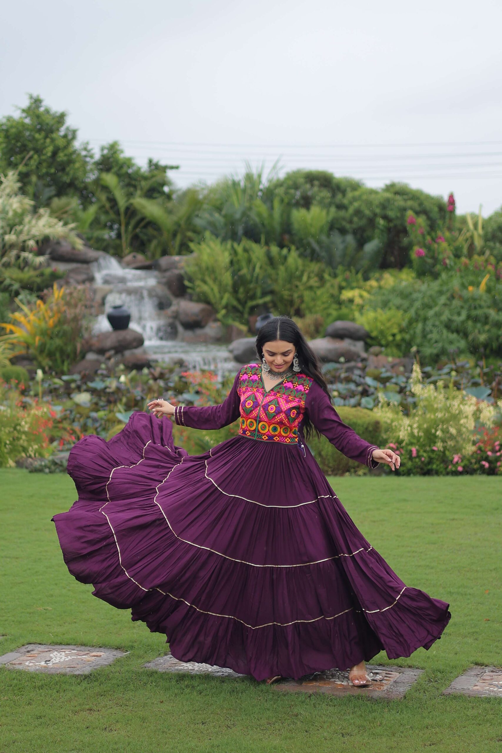 Wine Premium Navratri Gown with Kutchi Gamthi Embroidery, Mirror Work & Frill Detailing ? Elegant Ethnic Wear for Women - Image 6