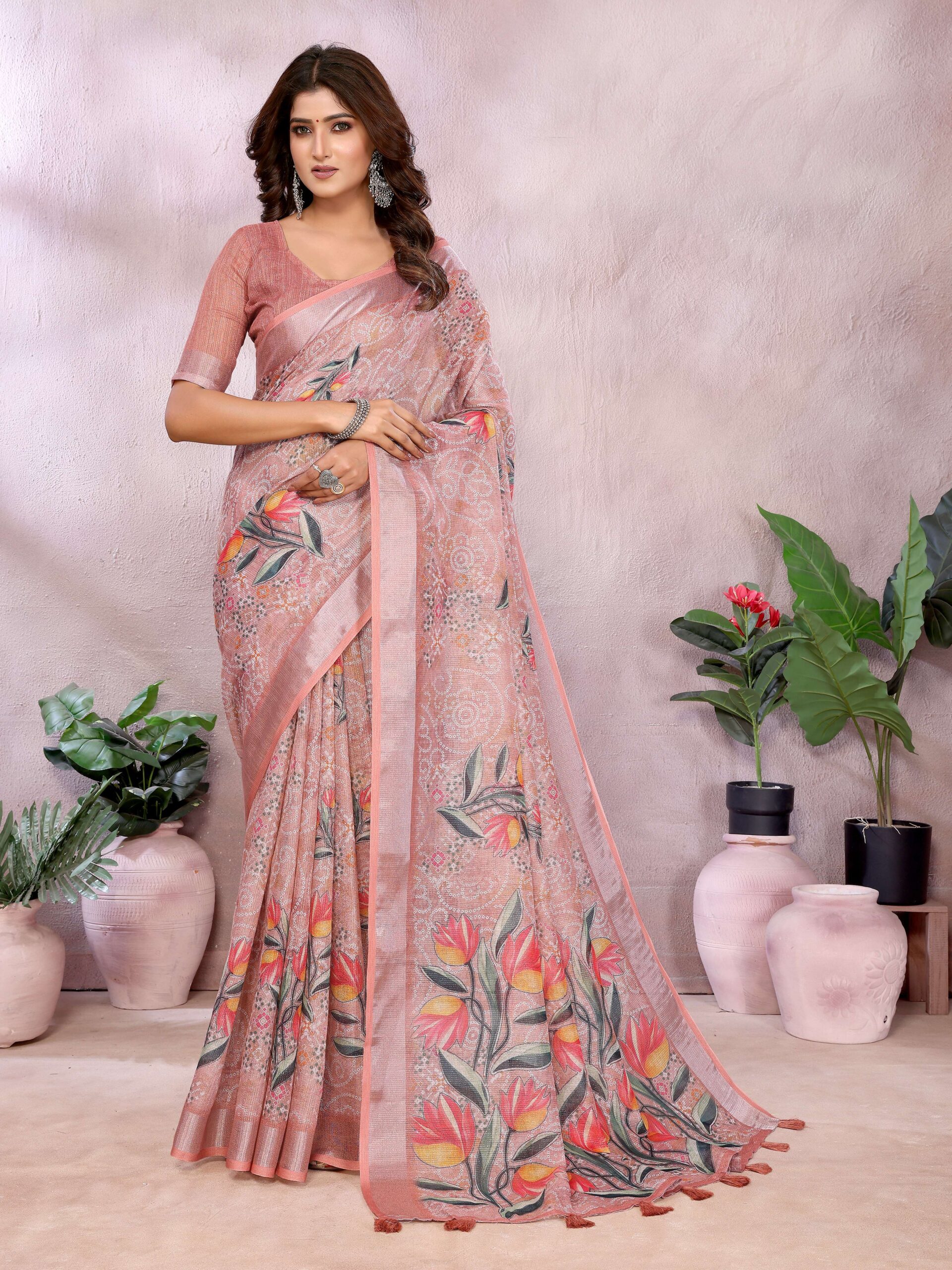 Peach Floral Print Linen Shimmer Saree - Image 5