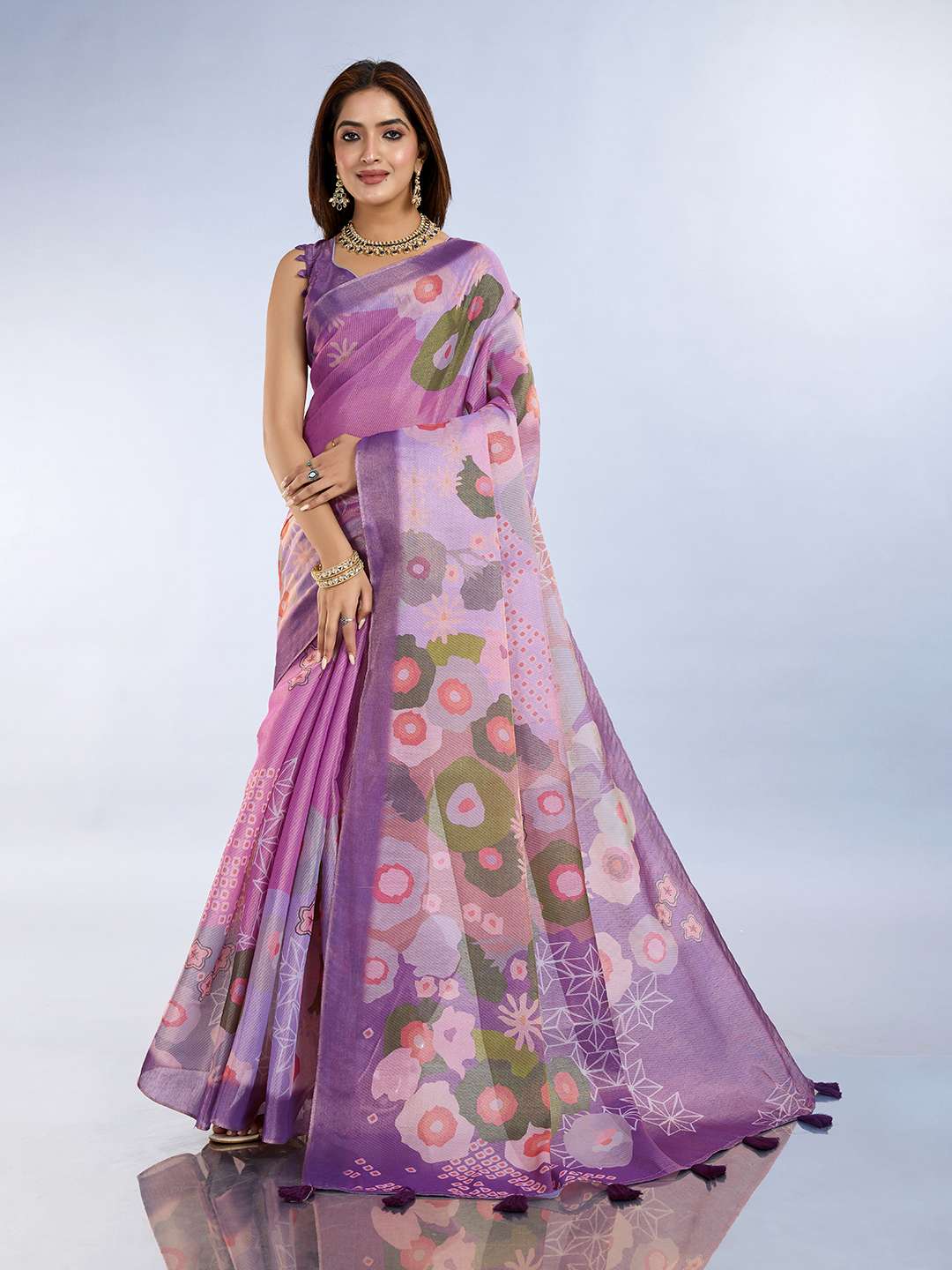 Elegant Lavender Floral Printed Linen Saree with Geometric Border and Tassels