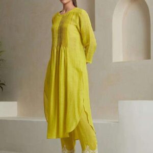 Women's Cotton Printed Line Flared Straight Kurti with Palazzo and Dupatta (Parrot Green)