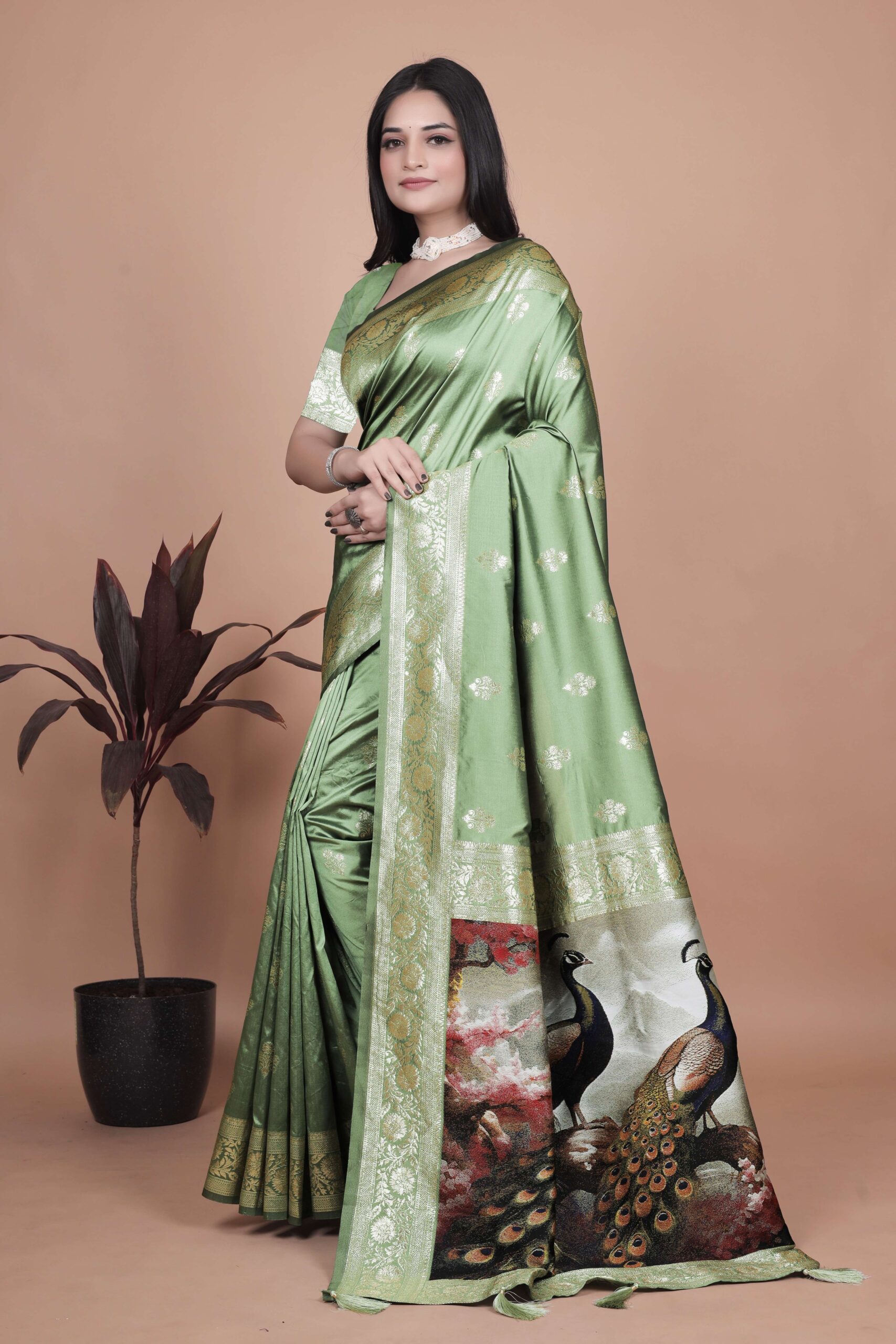 Elegant Sage Green Banarasi Silk Saree with Golden Zari Motifs & Peacock Pallu | Wedding, Festive & Traditional Wear - Image 2