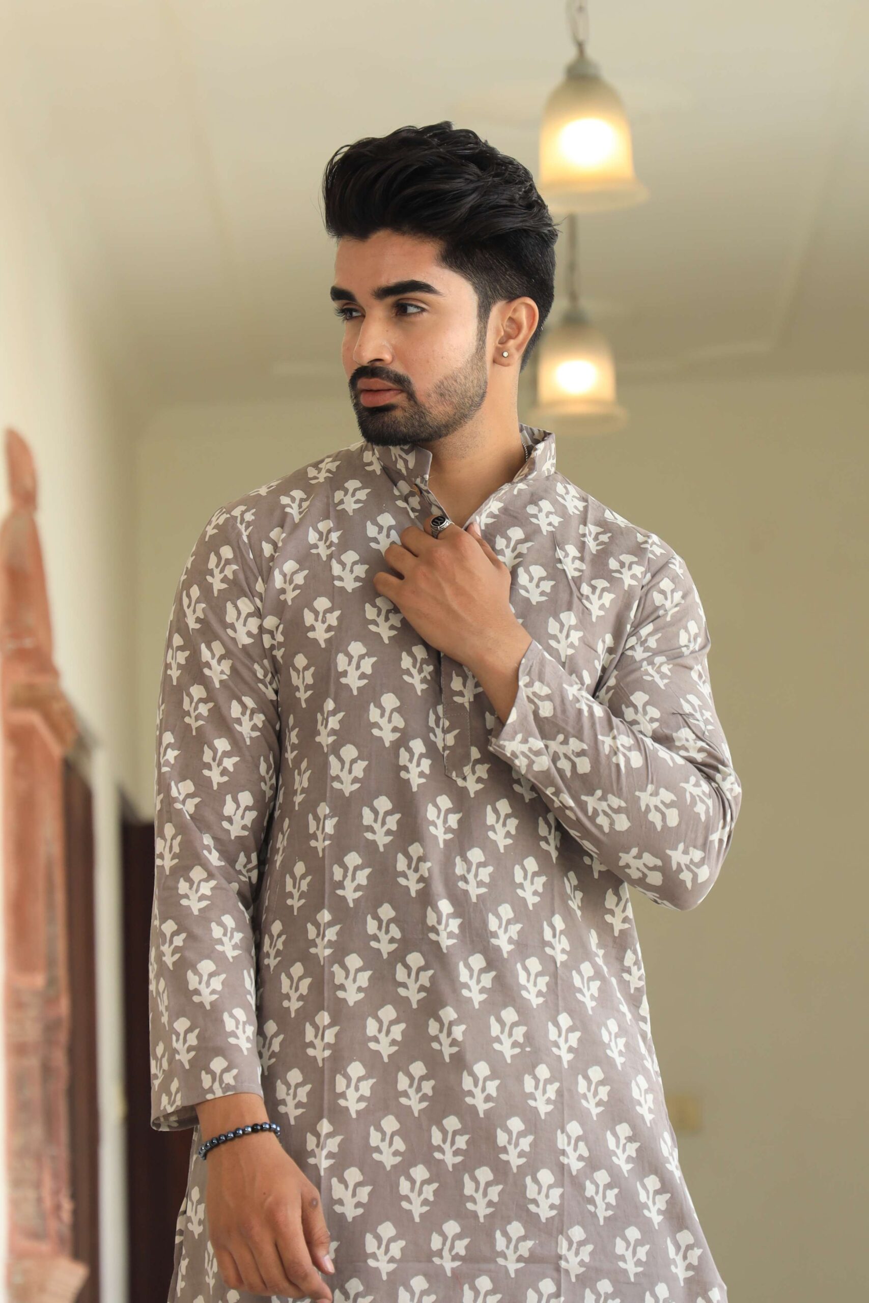 Mens Grey Printed Cotton Kurta with White Pajama ? Traditional Ethnic Wear for Festive & Wedding - Image 4