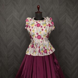 Premium Chinnon Lehenga with Kalamkari Print Maslin Satin Peplum Blouse