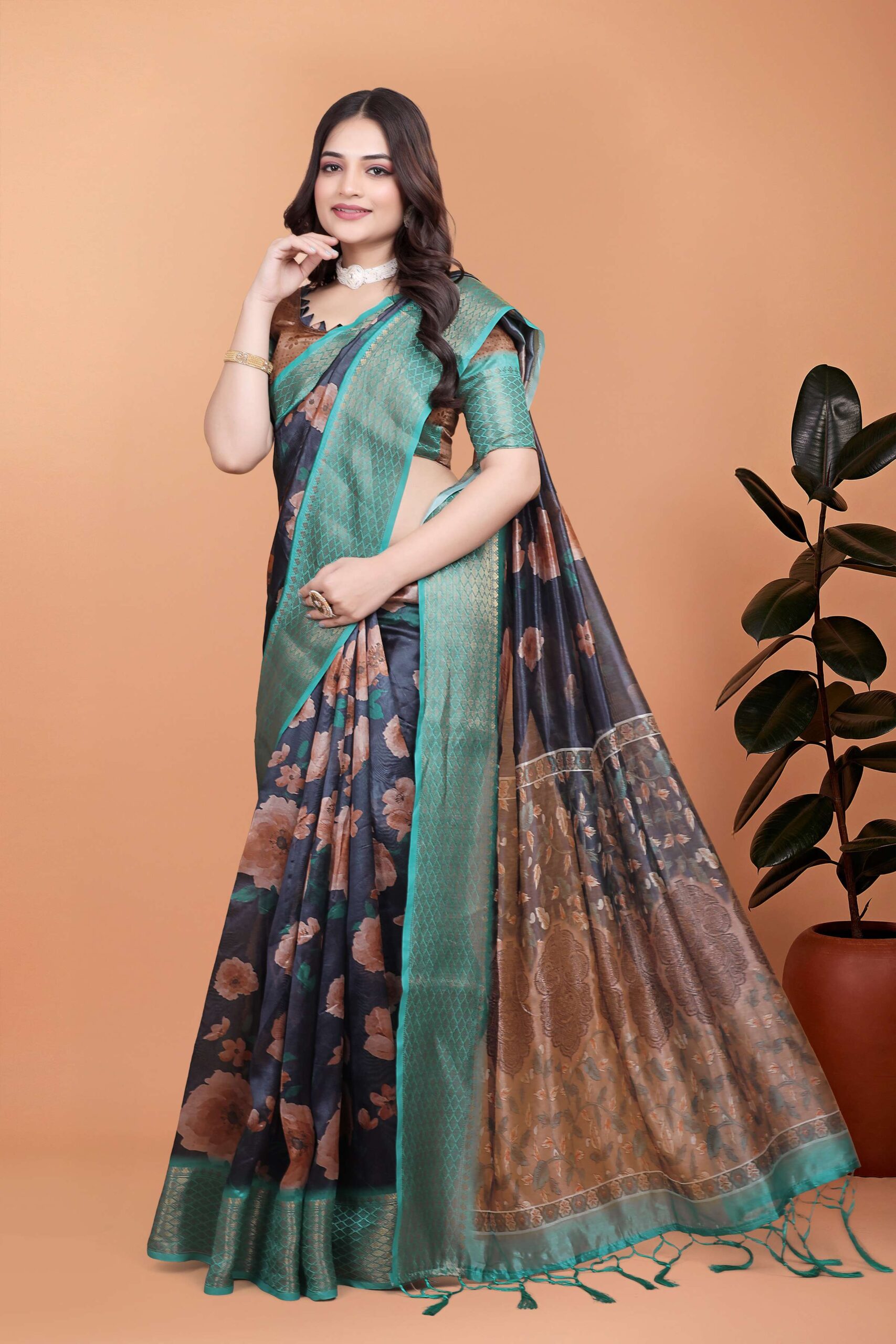 Midnight Blue Soft Silk Saree with Peach Floral Print & Aqua Zari Border - Image 3