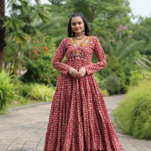Maroon Designer Printed Cotton Gown with Kutchi Gamthi Lace & Kodi Work