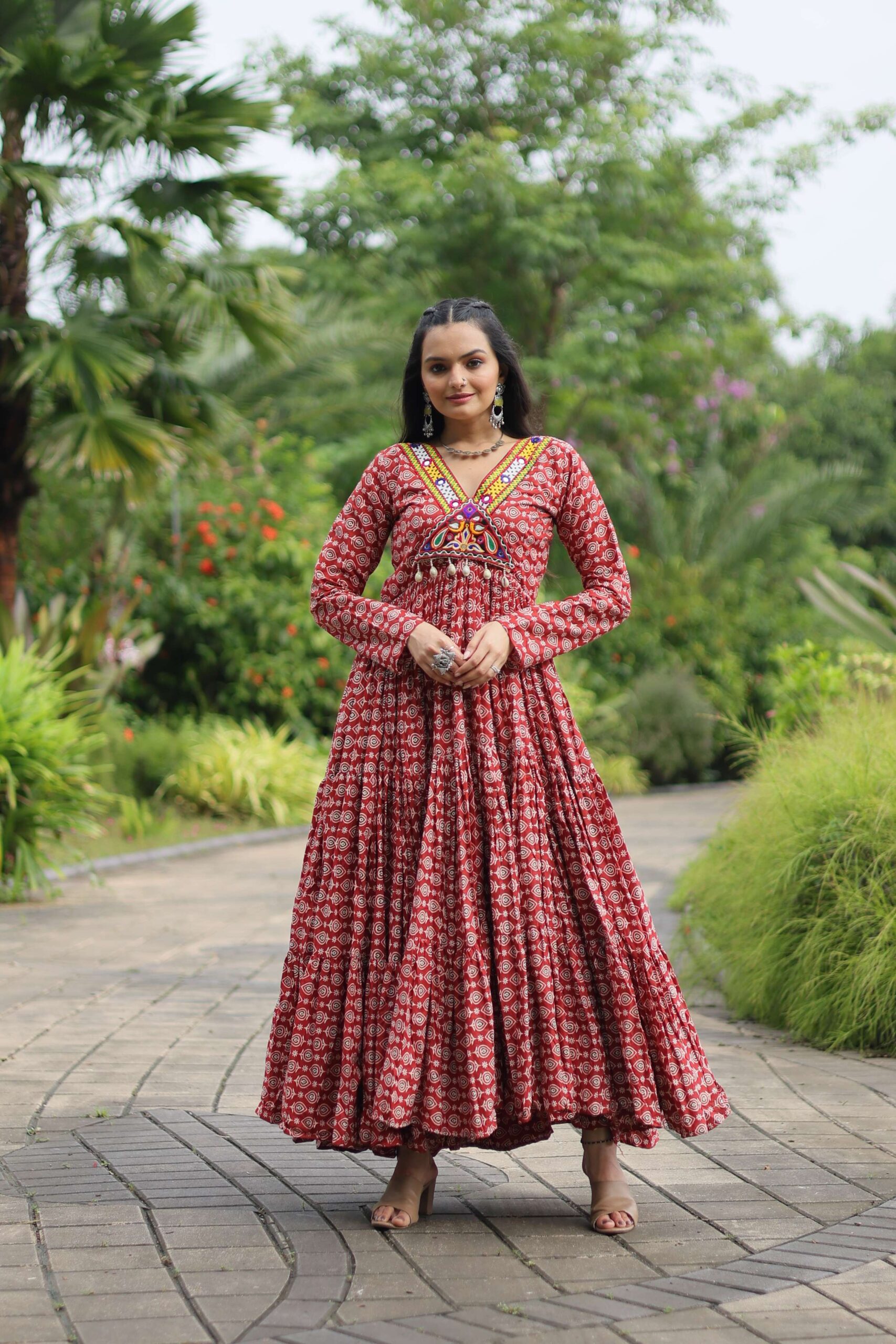 Maroon Designer Printed Cotton Gown with Kutchi Gamthi Lace & Kodi Work