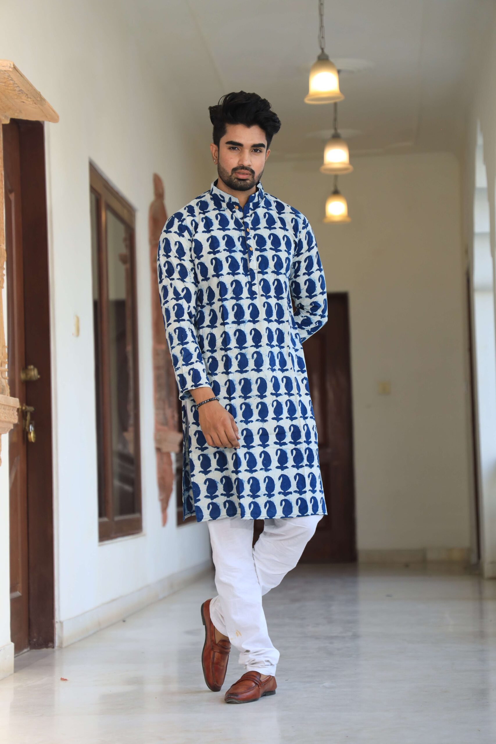 Mens White and Blue Printed Cotton Kurta with White Pajama ? Trendy Festive & Casual Wear - Image 4