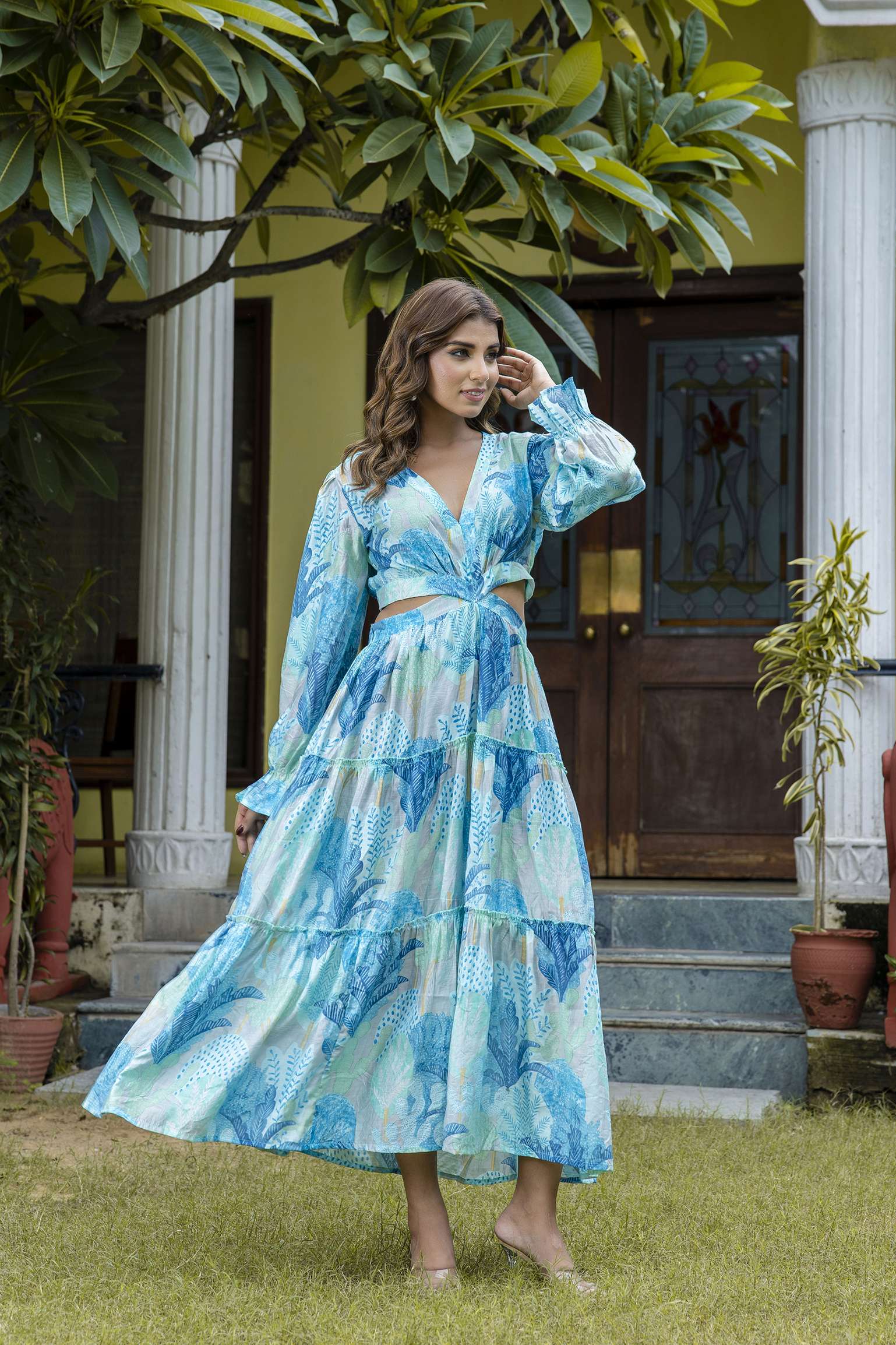 Women's Silk Printed V-Neck Long Bell Sleeves Tiered Maxi Dress Gown - Image 4