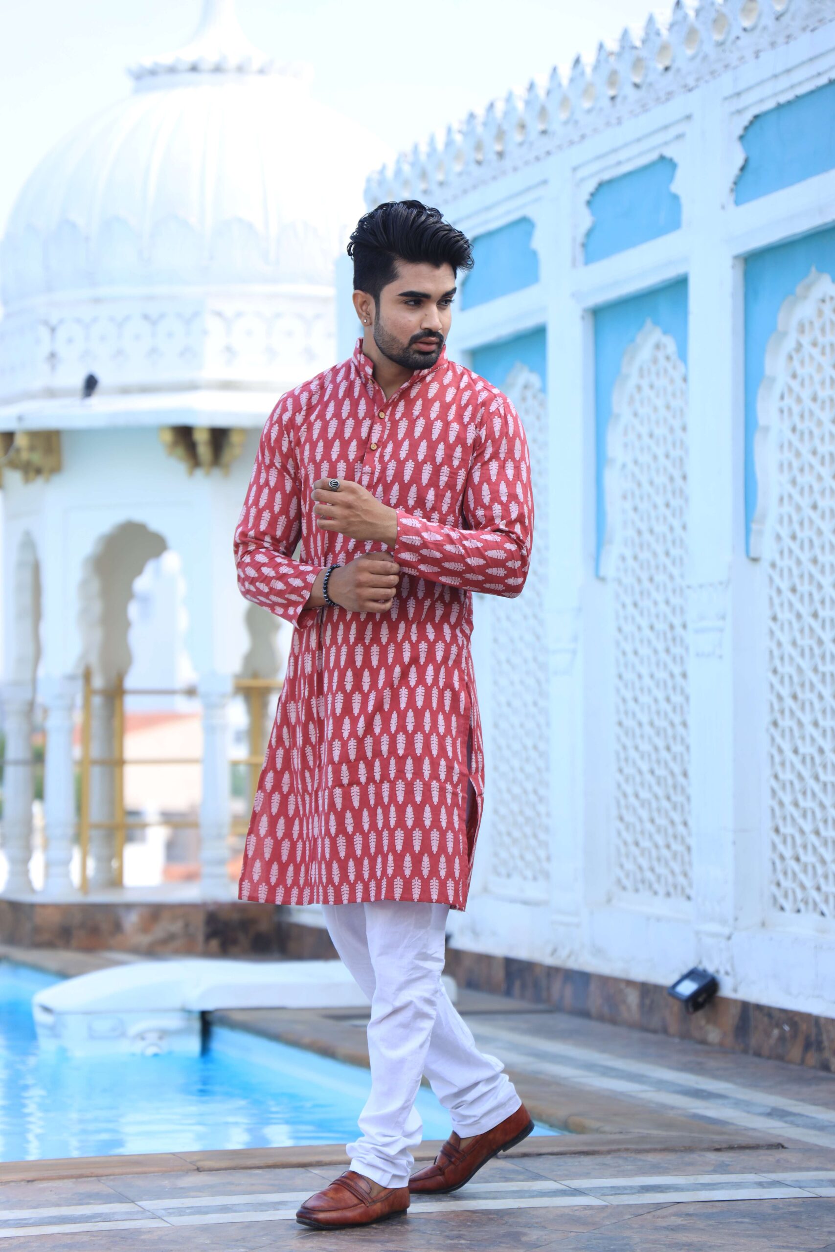 Mens Red Printed Cotton Kurta with White Pajama ? Traditional Ethnic Wear for Festive & Wedding - Image 2