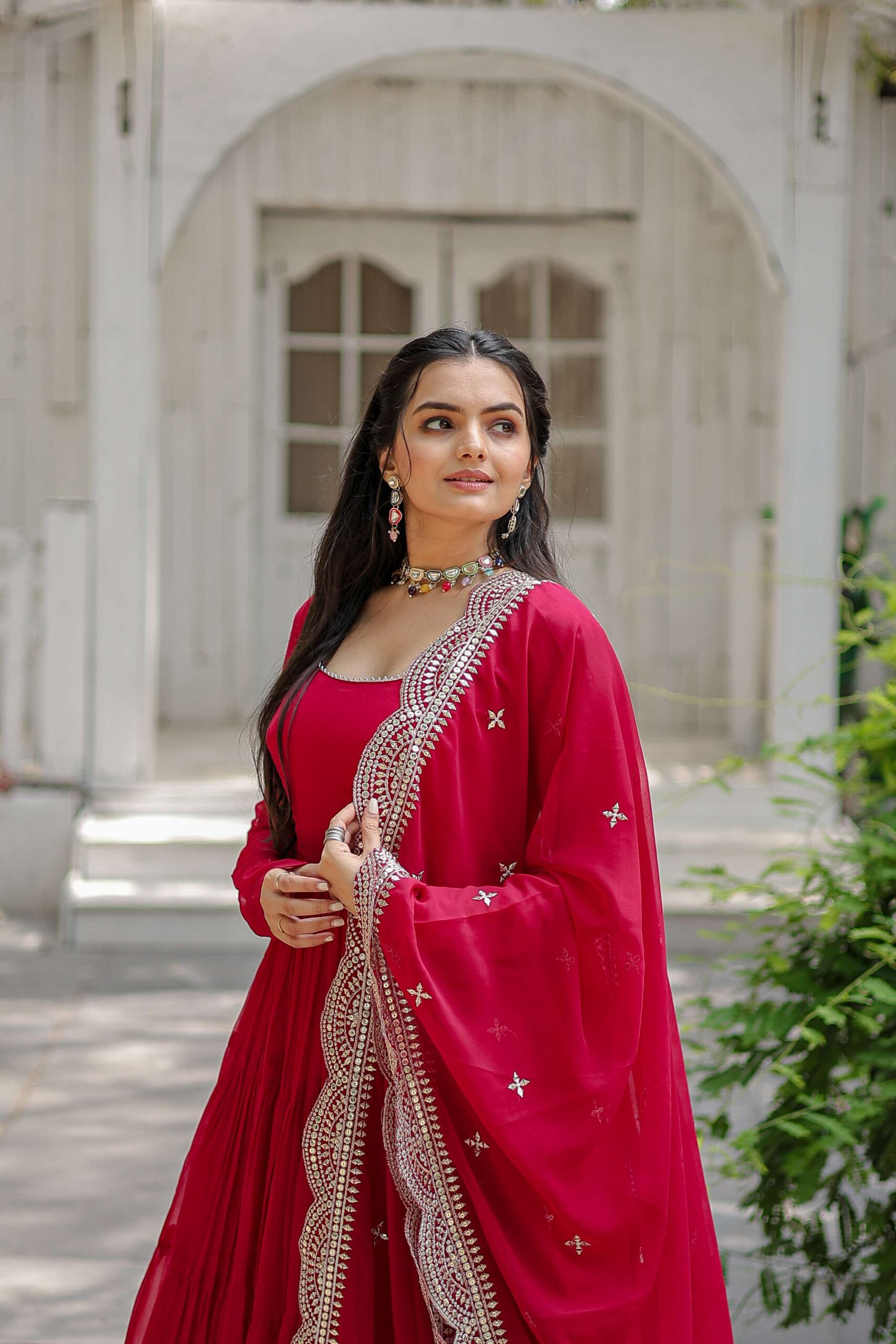 Pink Premium Faux Georgette Designer Gown with Sequined Dupatta ? Fully Flaired Ready-to-Wear Set