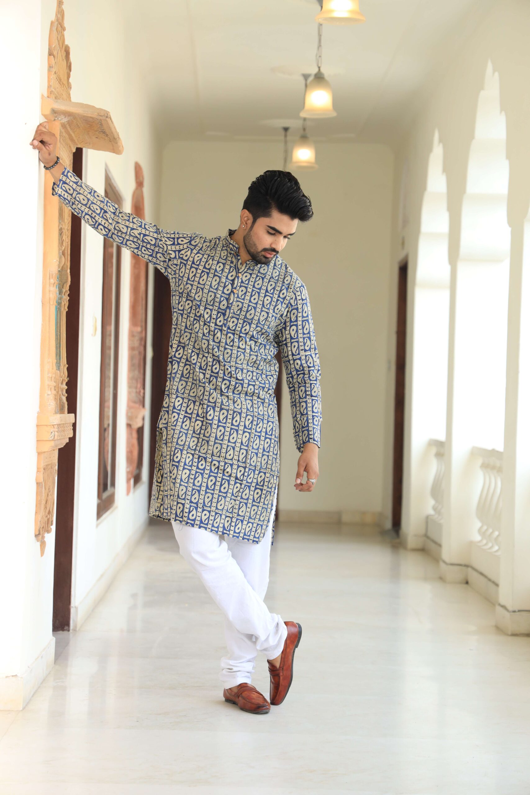 Mens Blue Printed Cotton Kurta with White Pajama ? Traditional Ethnic Wear for Festive & Wedding - Image 2