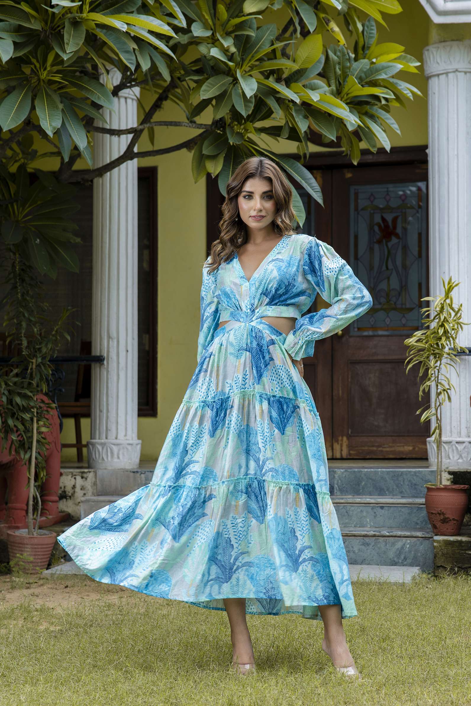 Women's Silk Printed V-Neck Long Bell Sleeves Tiered Maxi Dress Gown - Image 3