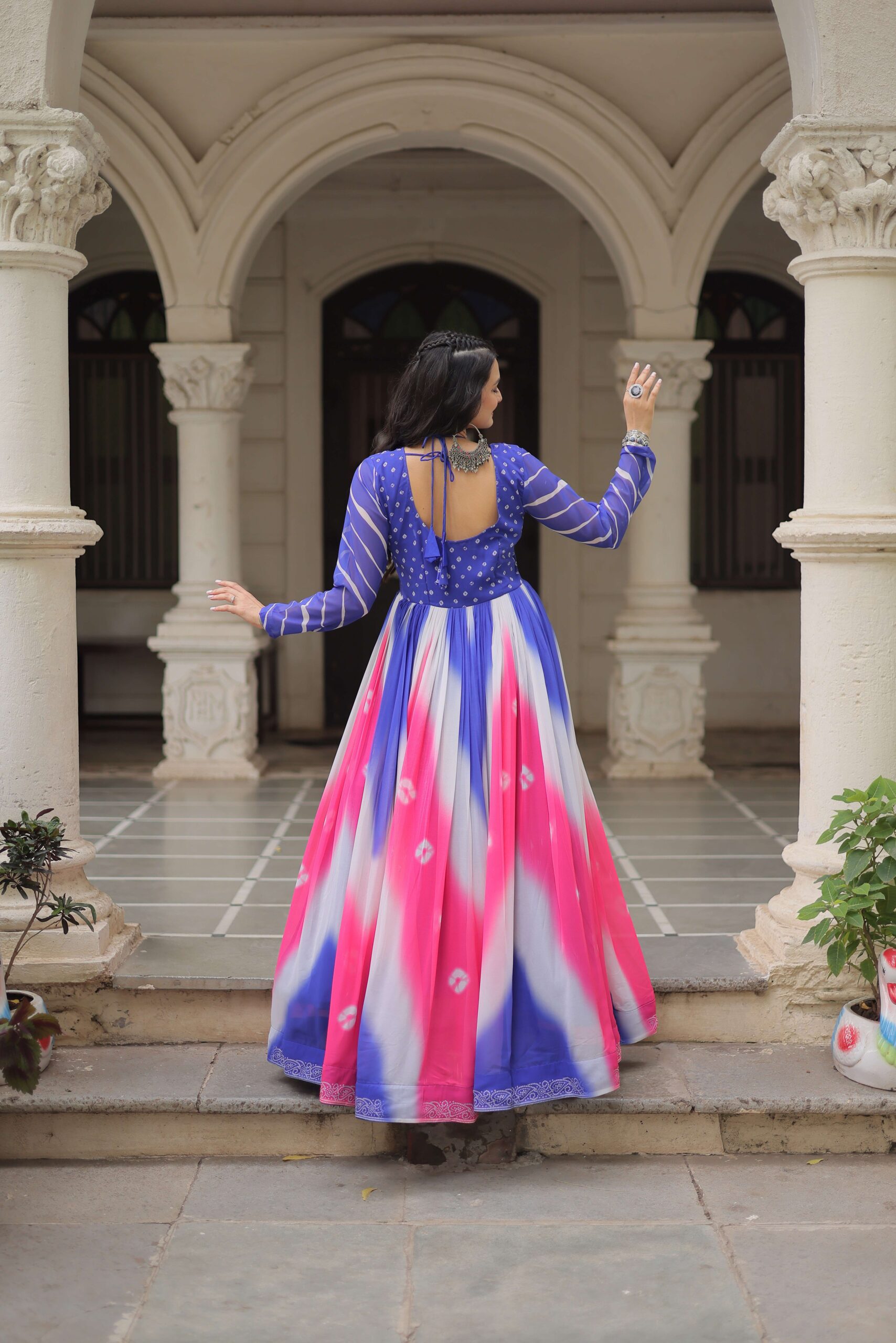 Purple Faux Georgette Bandhej Navratri Gown with Gamthi Embroidery & Mirror Work ? Elegant Ethnic Wear for Women - Image 8