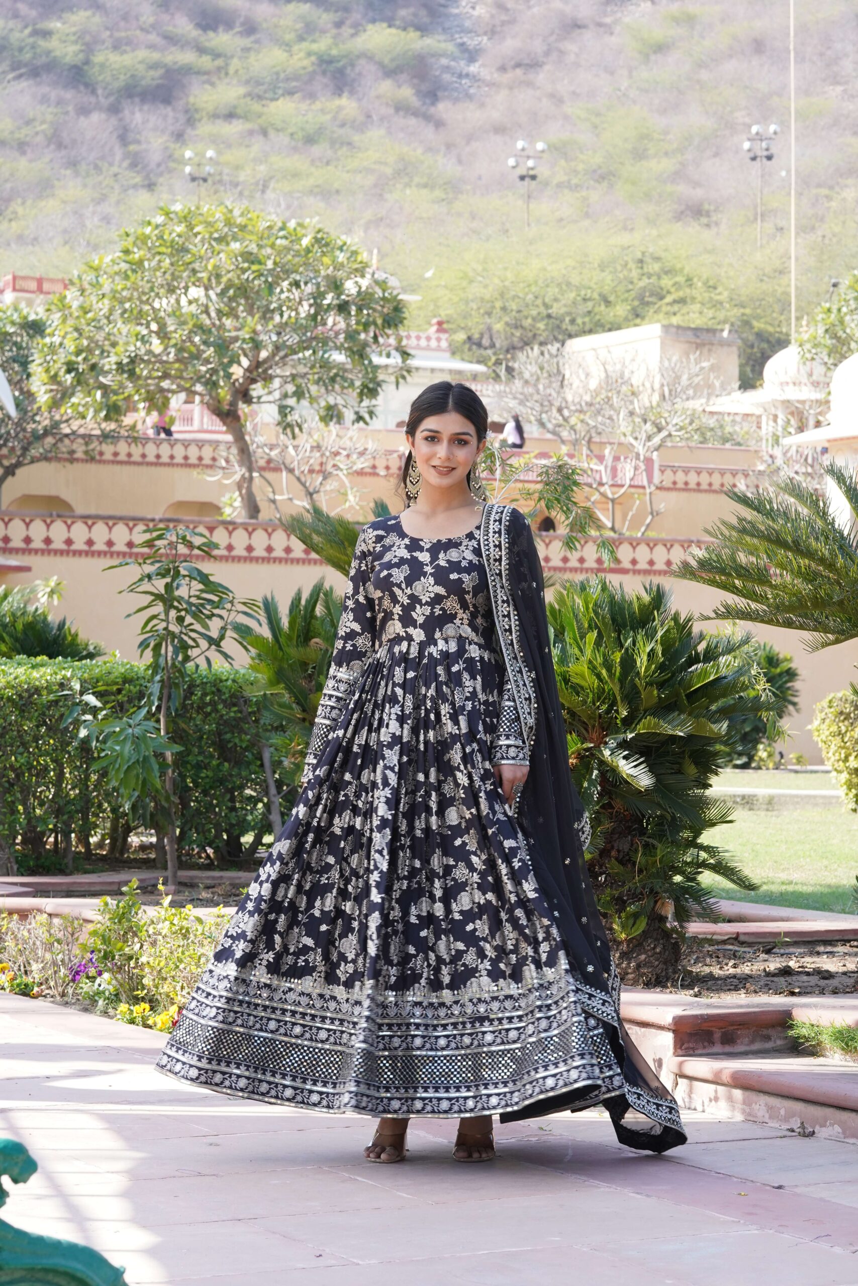 Black Viscose Dyable Jacquard Gown with Russian Silk Sequined Dupatta ? Elegant Party & Wedding Set