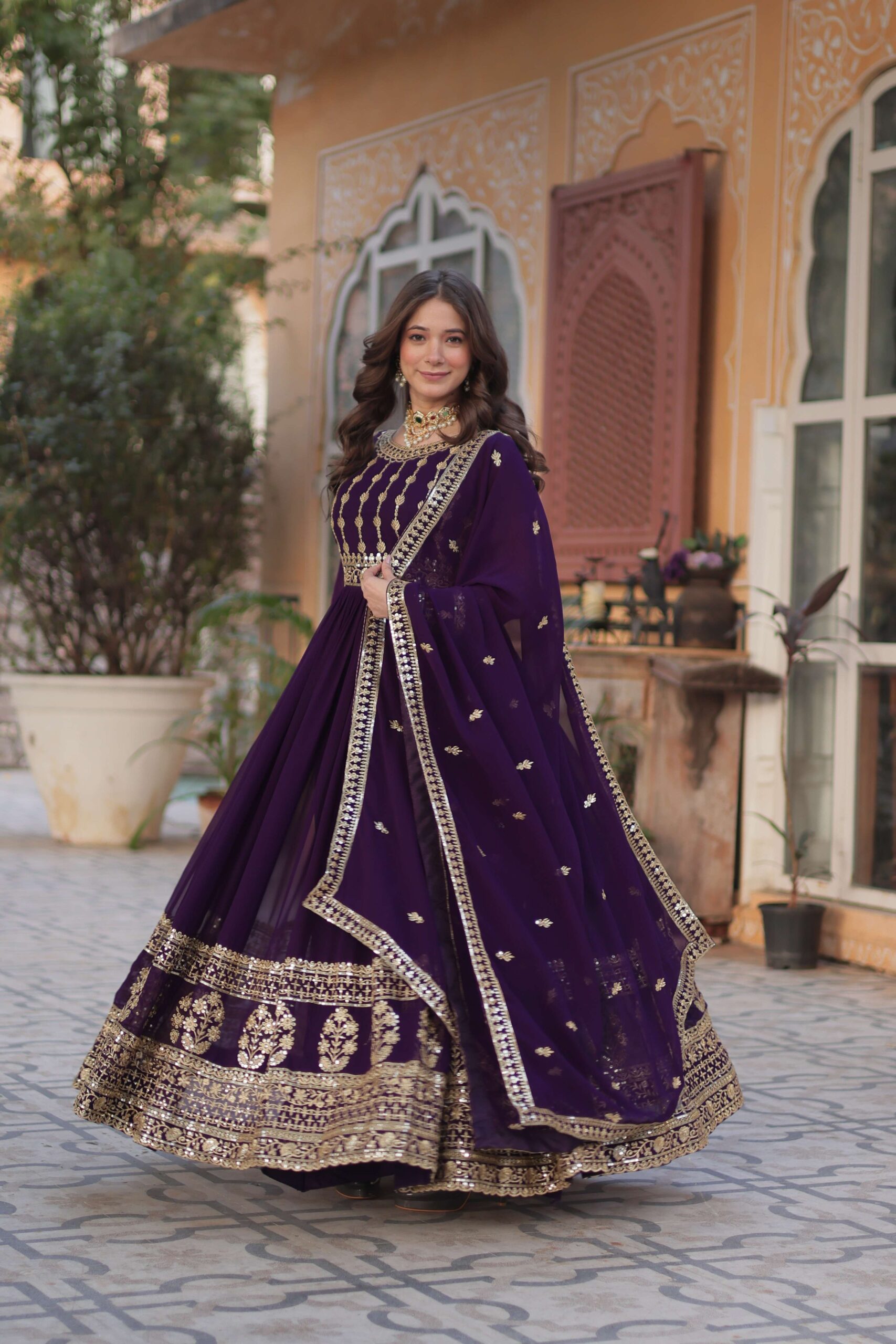 Purple Faux Blooming Gown with Zari & Sequins Embroidered Dupatta with Designer Lace Border - Image 6